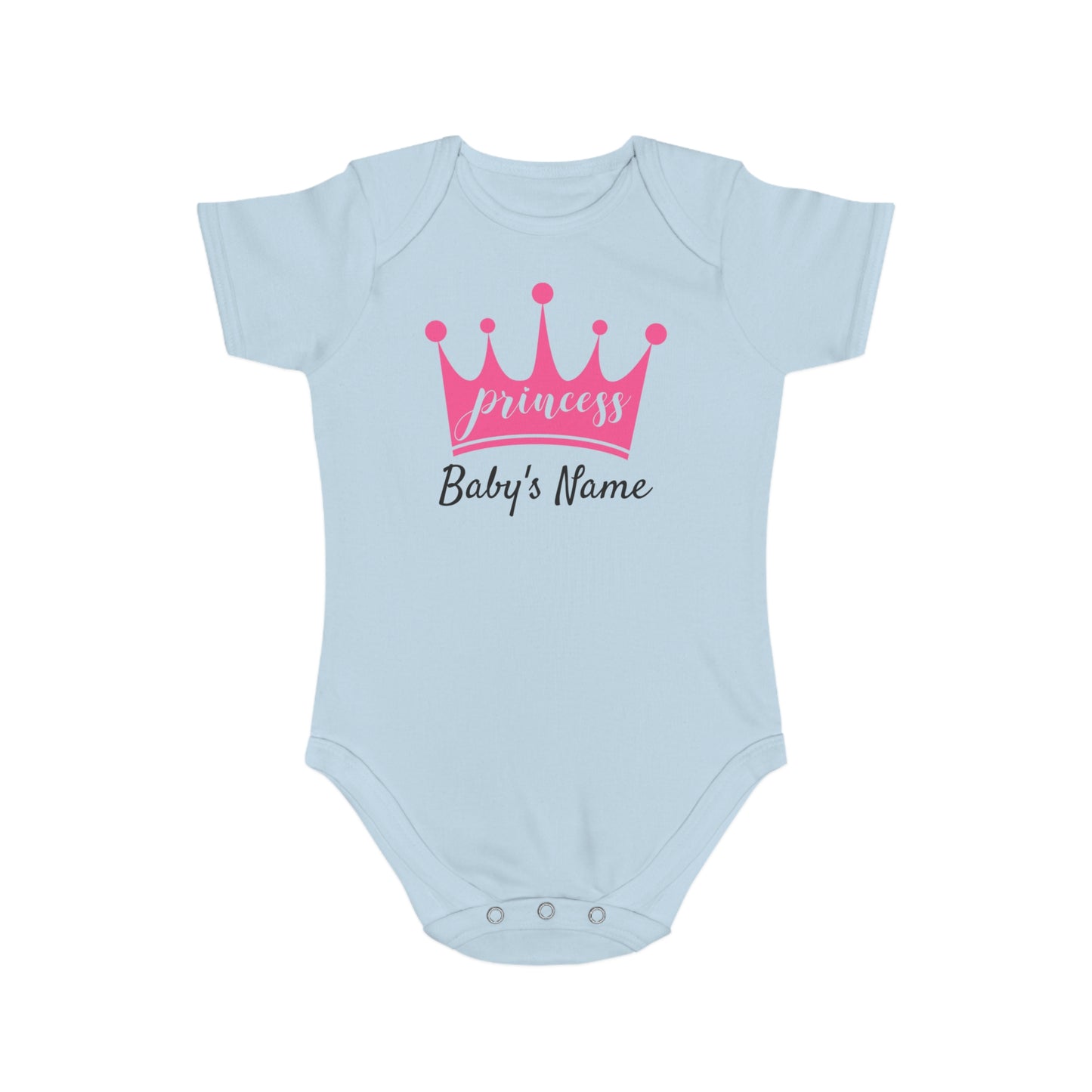 Light blue baby onesie with pink "princess" crown and "Baby's Name" text.