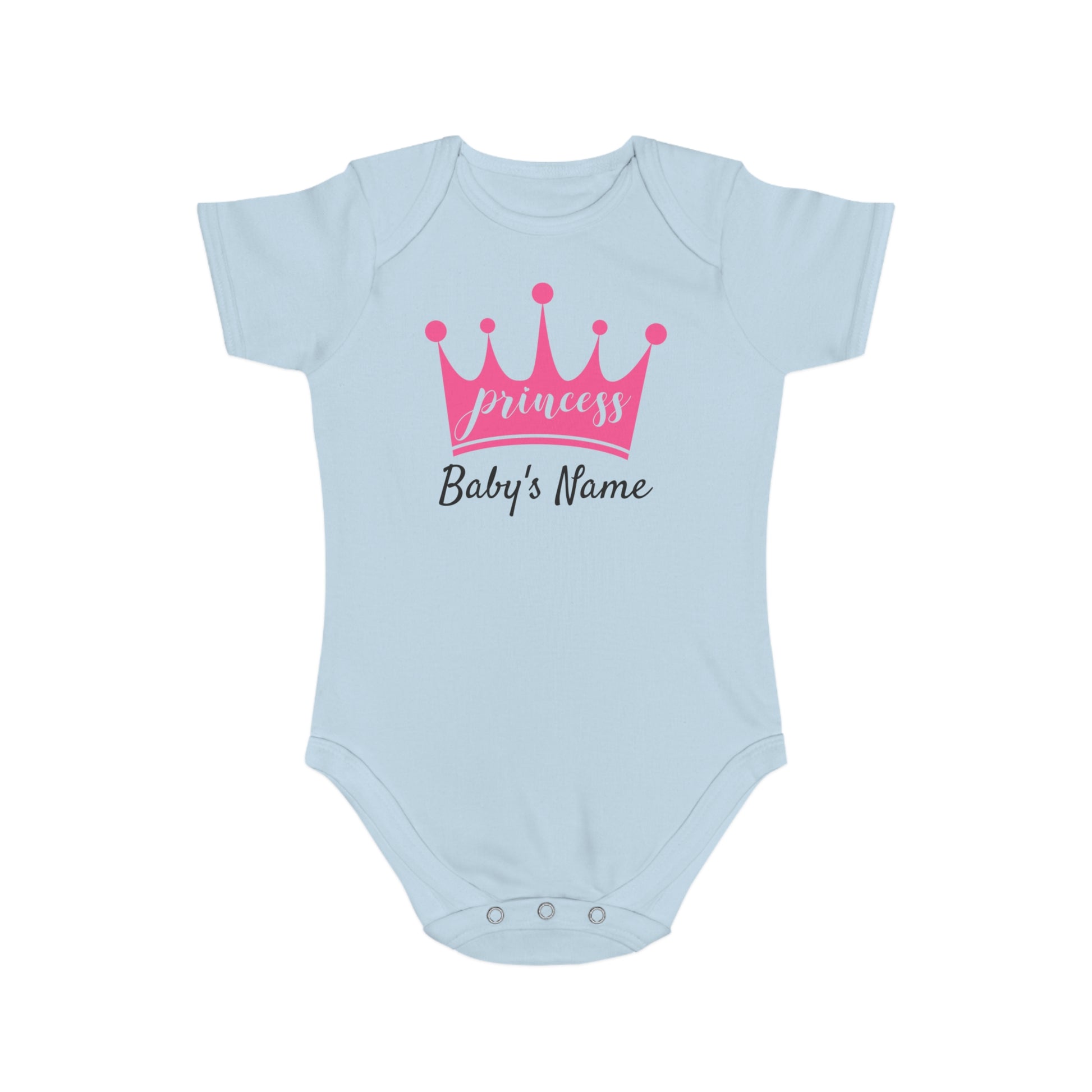 Light blue baby onesie with pink "princess" crown and "Baby's Name" text.