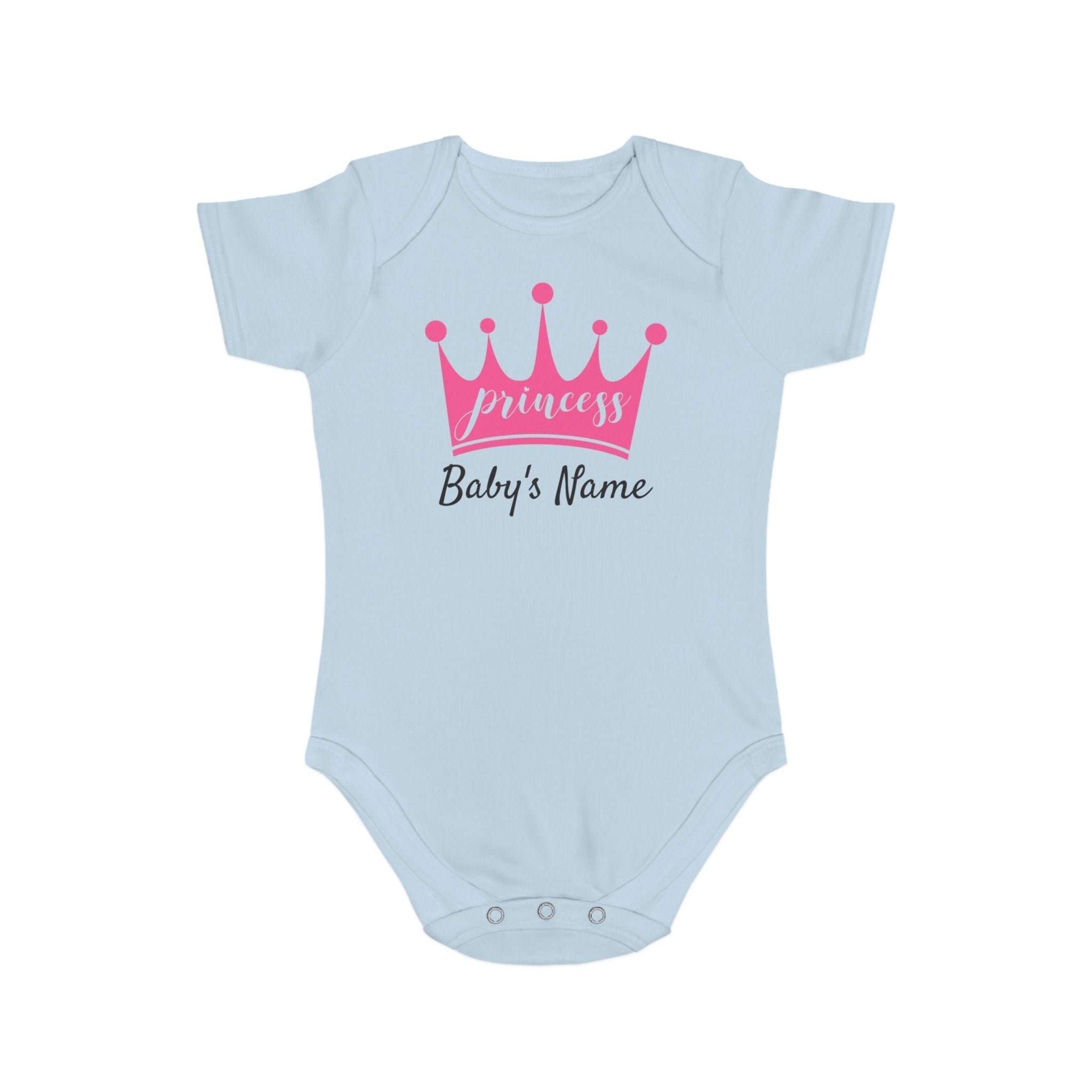 Light blue baby onesie with pink "princess" crown and "Baby's Name" text.