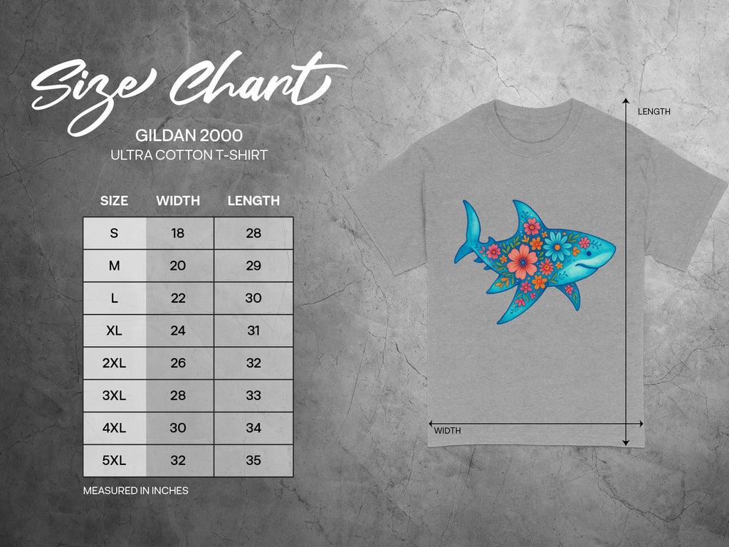 Gildan 2000 Ultra Cotton T-Shirt size chart with floral shark graphic.