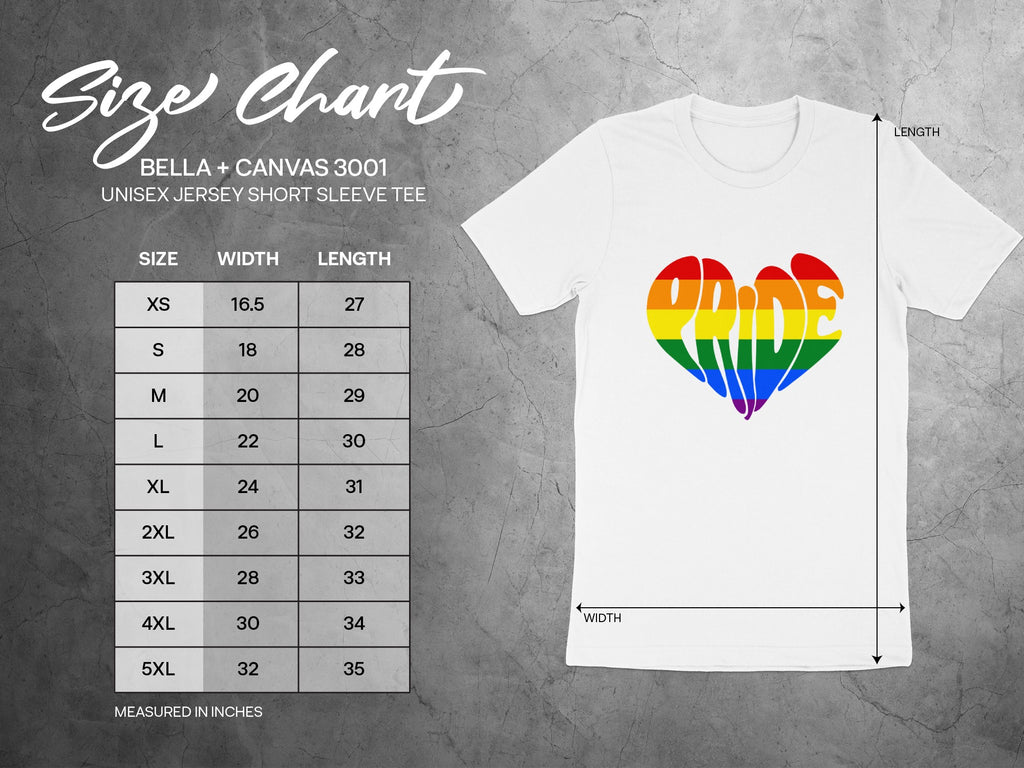 Size chart for Bella + Canvas 3001 unisex tee with pride heart logo and measurements.