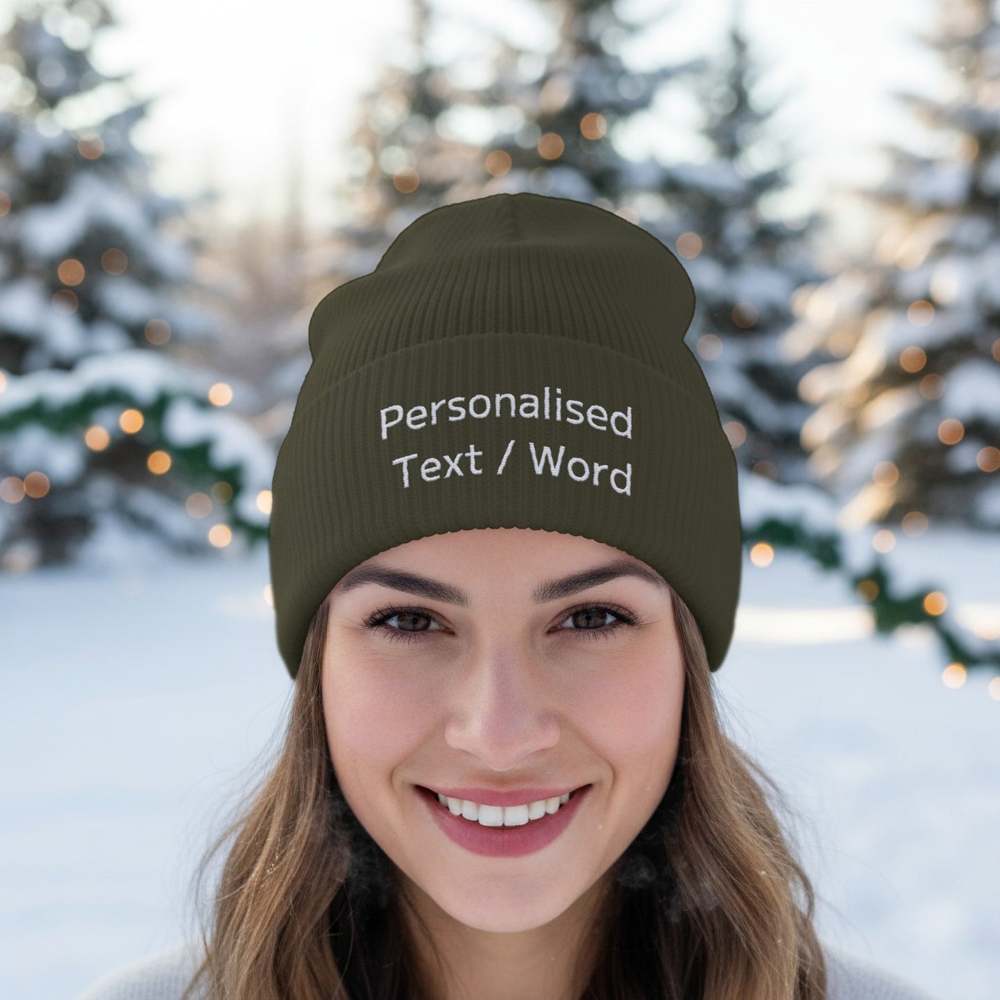 Olive green beanie with "Personalised Text / Word" embroidered in white.