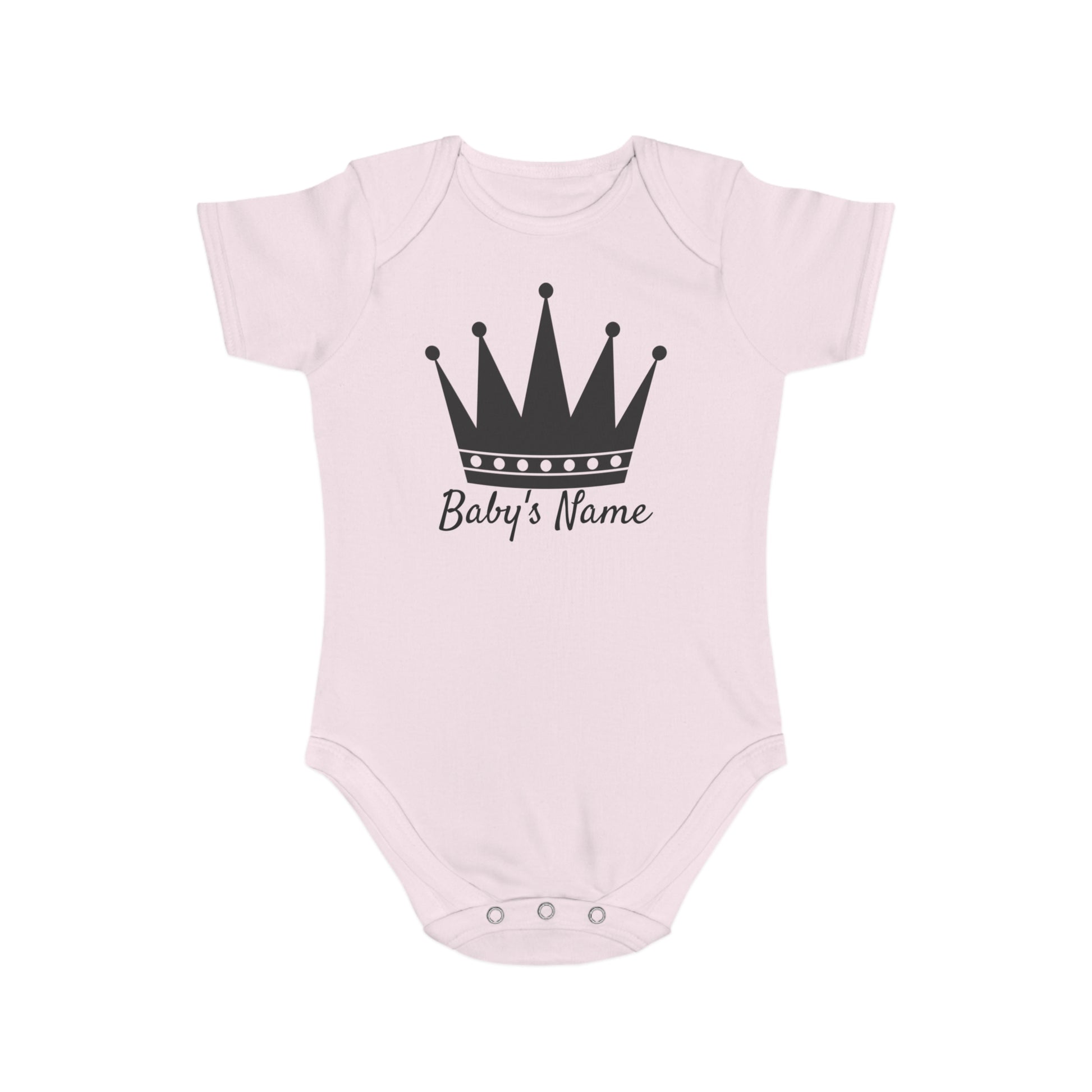 Pink baby onesie with black crown and "Baby's Name" text.