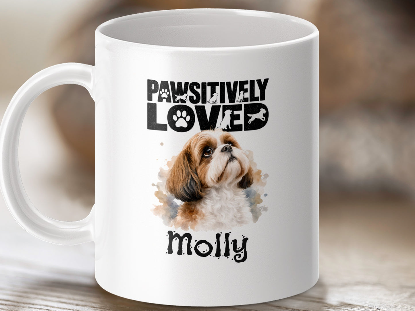 White mug with "Pawsitively Loved" text, a Shih Tzu portrait, and the name "Molly."