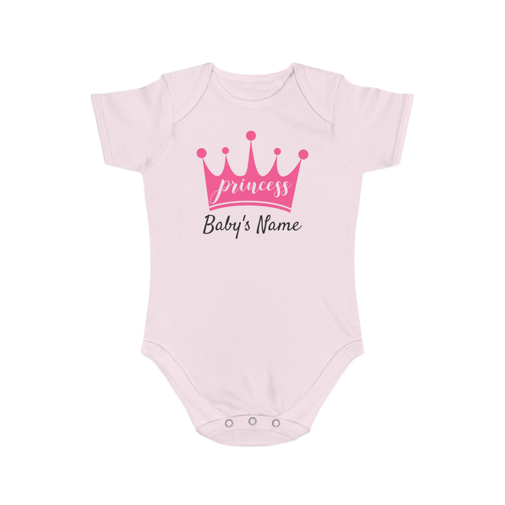 Pink baby onesie with "princess" crown and "Baby's Name" placeholder.