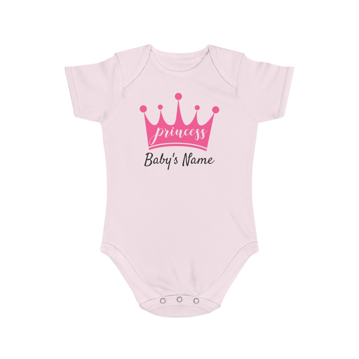 Pink baby onesie with "princess" crown and "Baby's Name" placeholder.