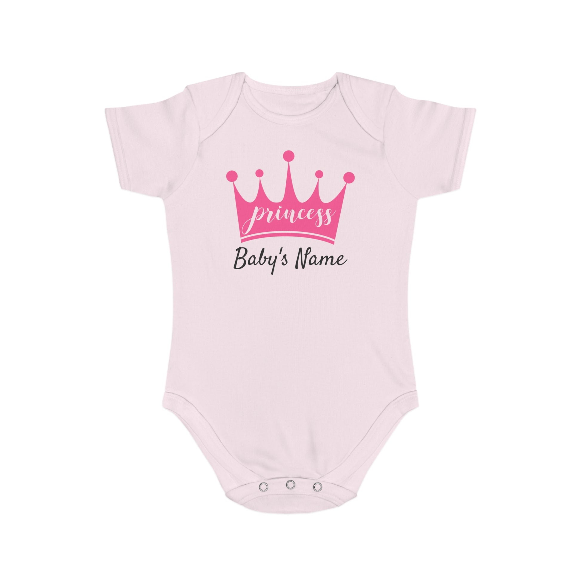 Pink baby onesie with "princess" crown and "Baby's Name" placeholder.