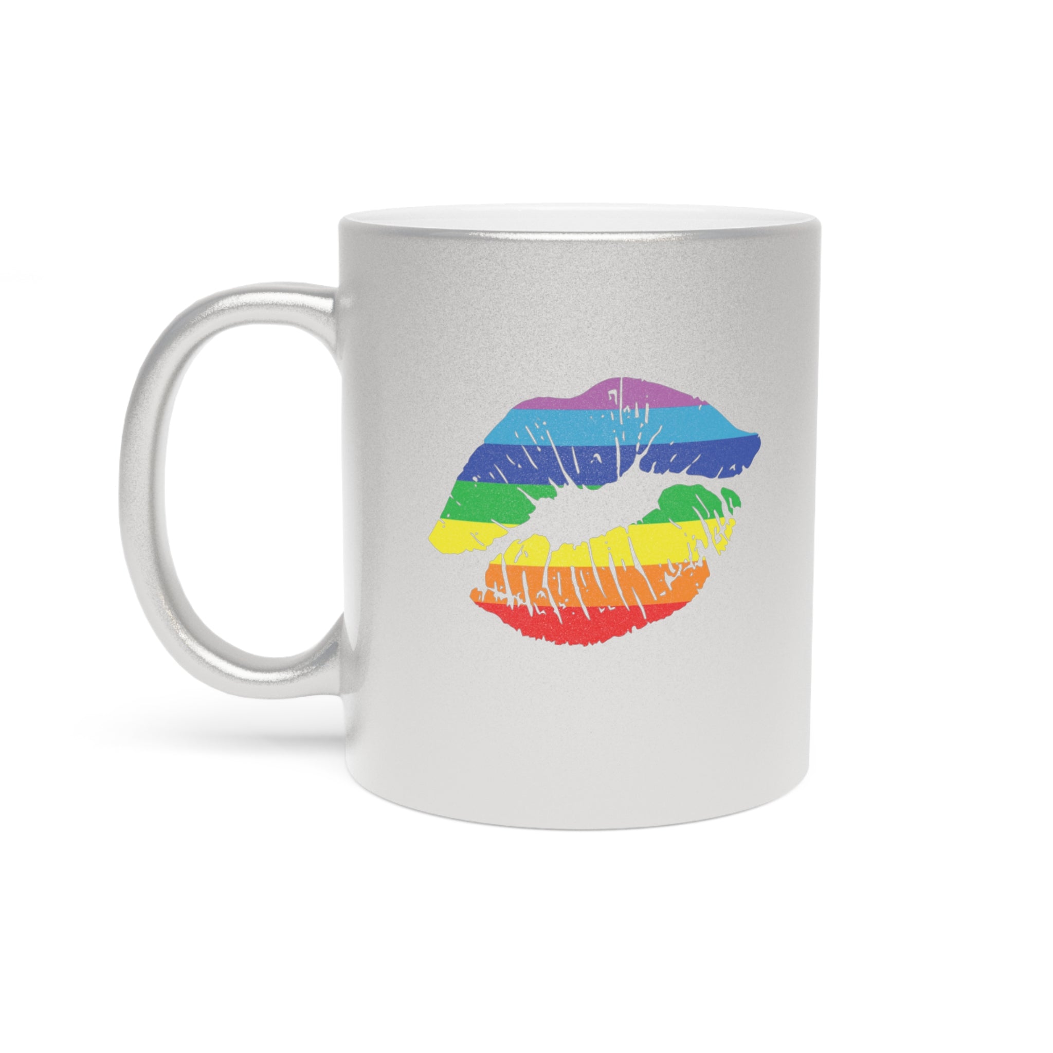 Silver mug with a rainbow-colored lipstick kiss mark.