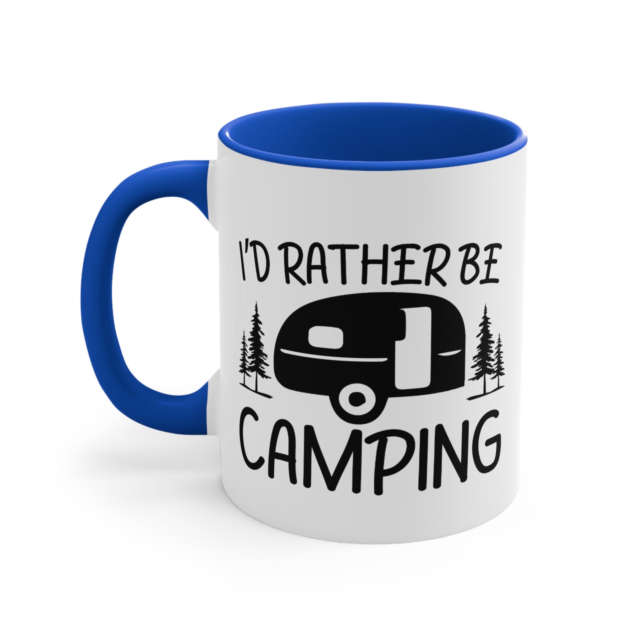 White mug with blue handle and interior, featuring text "I'd rather be camping".