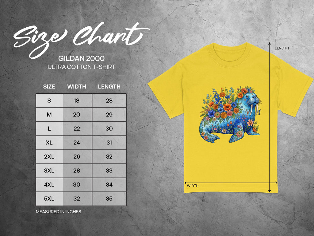 Gildan 2000 Ultra Cotton T-Shirt size chart with floral walrus design.