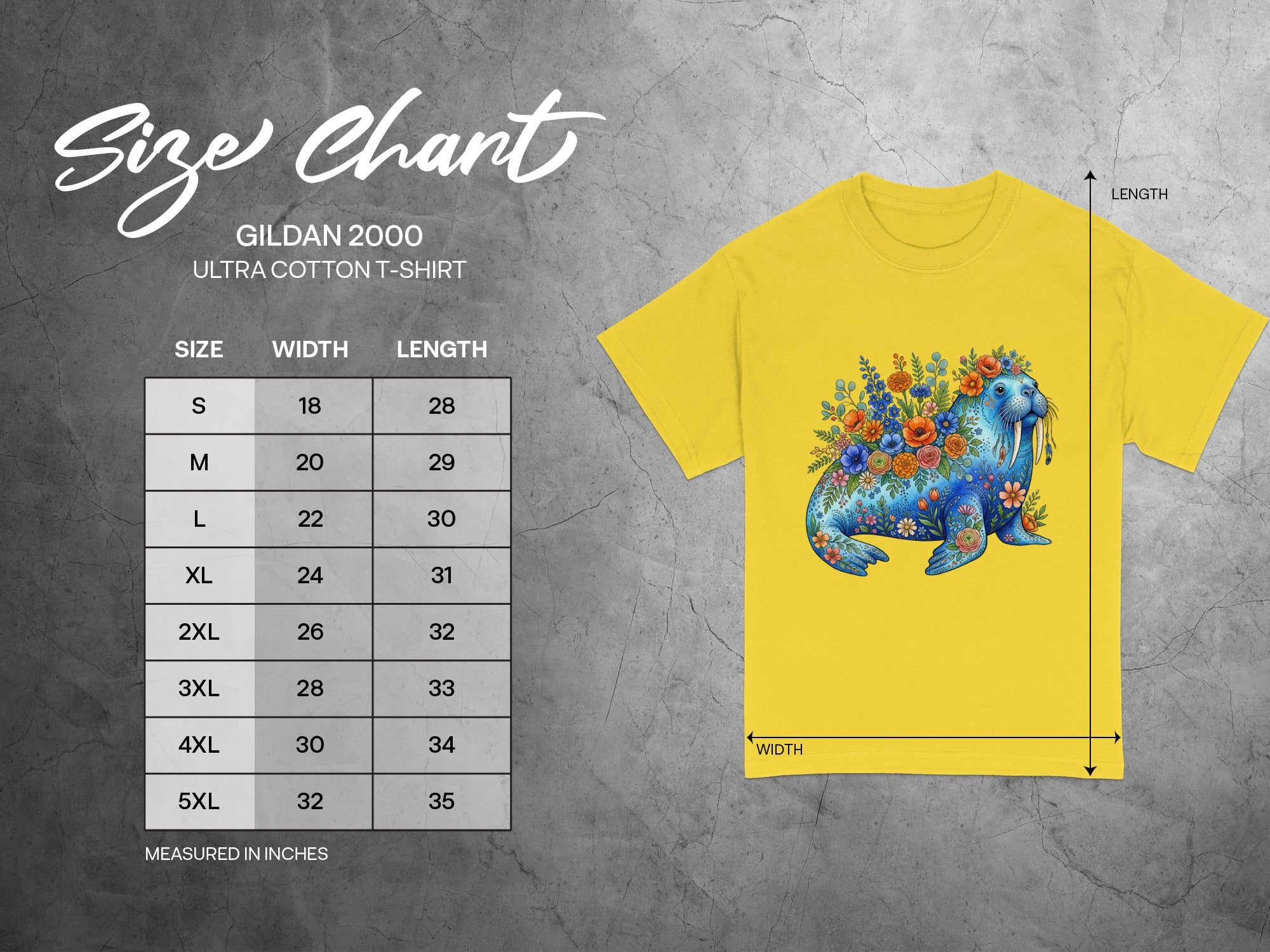 Gildan 2000 Ultra Cotton T-Shirt size chart with floral walrus design.