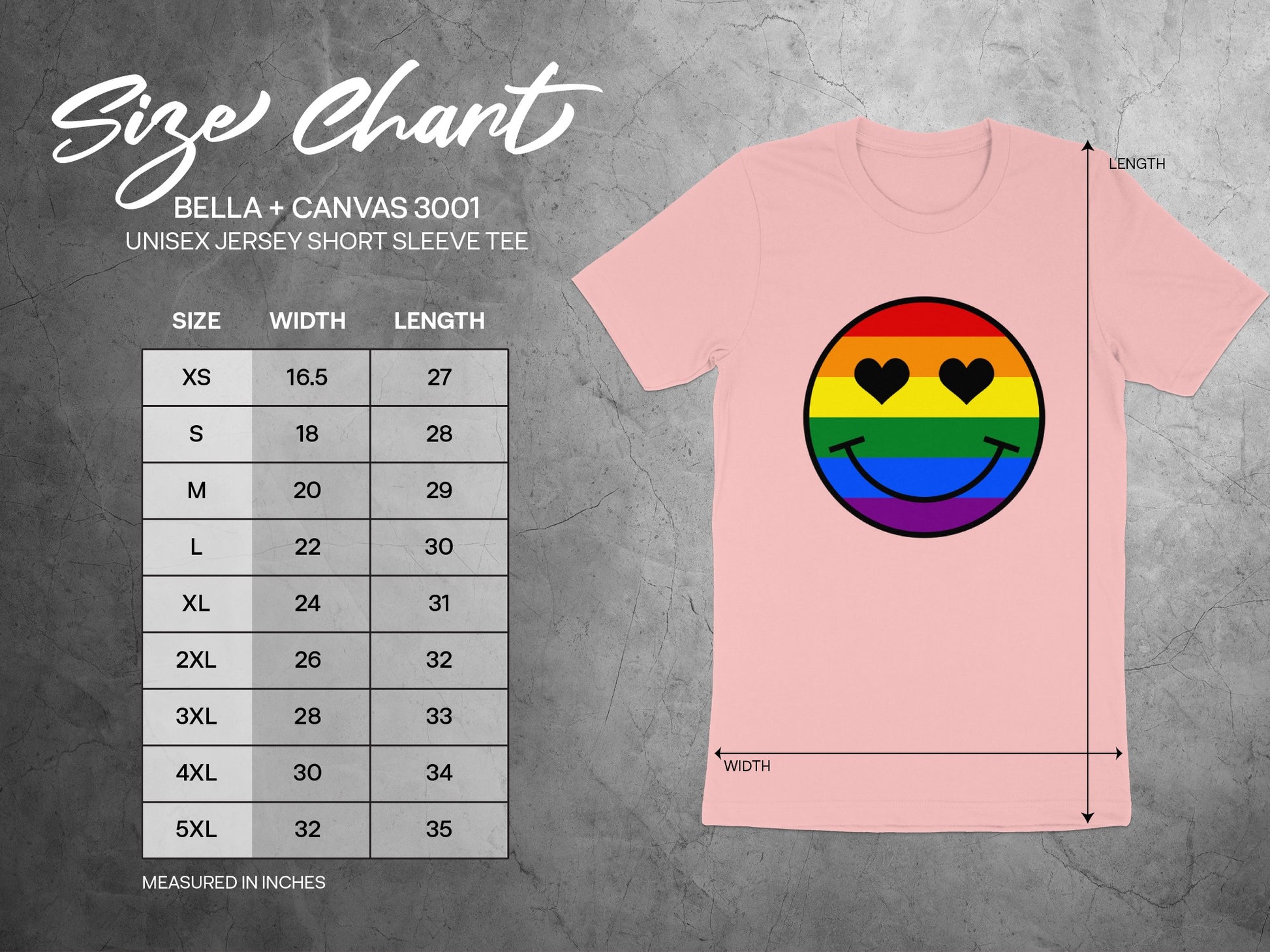 Bella + Canvas 3001 unisex tee size chart with rainbow smiley face.