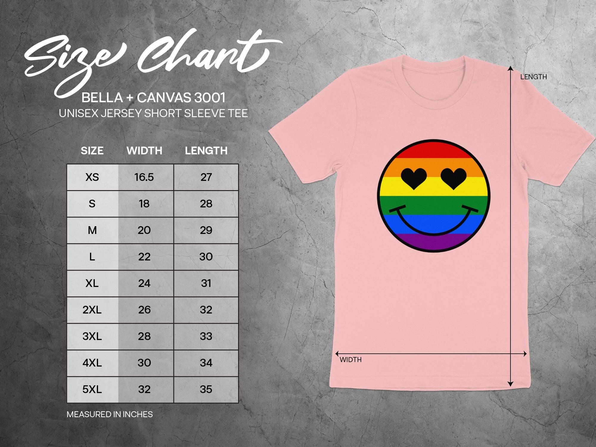 Bella + Canvas 3001 unisex tee size chart with rainbow smiley face.