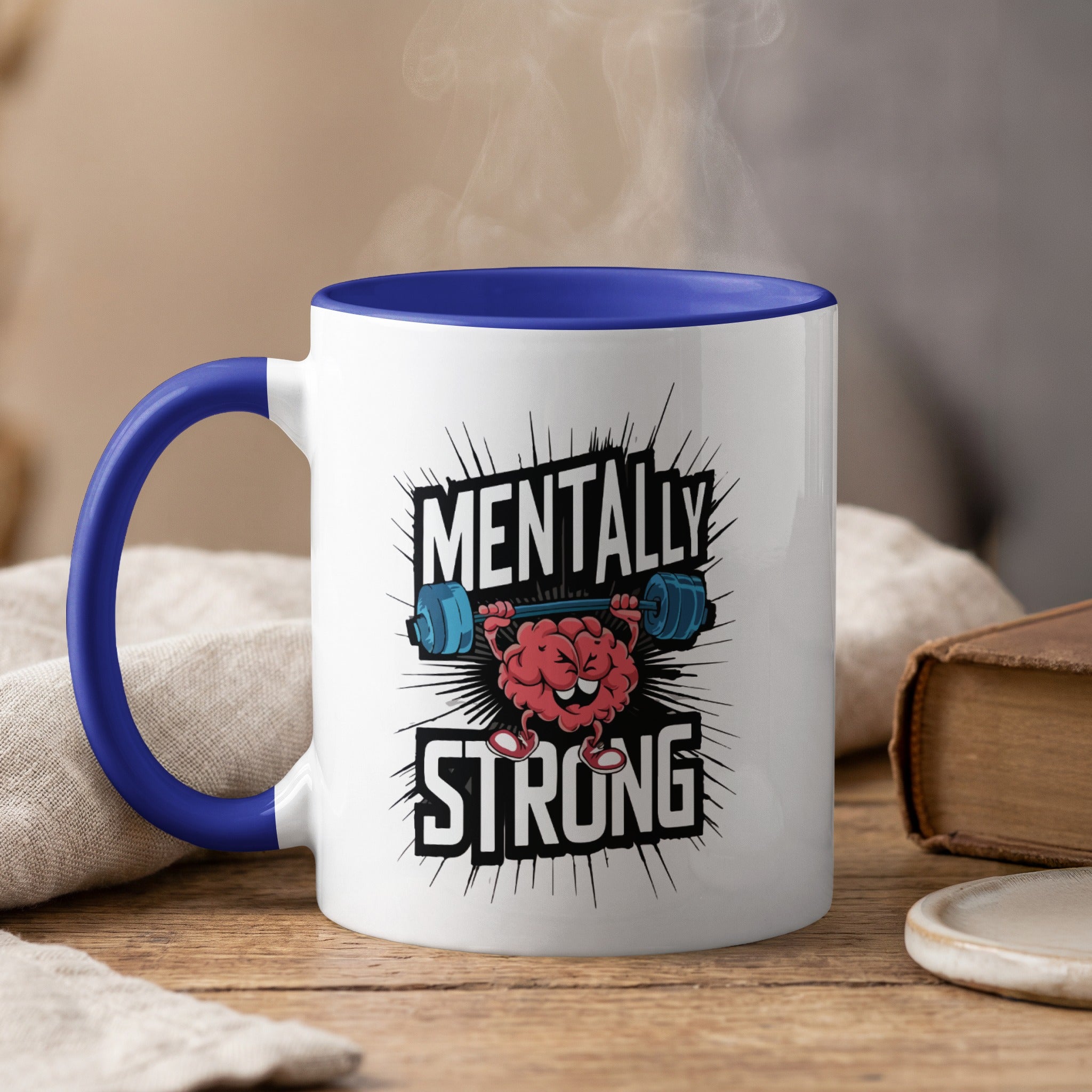 Mug with cartoon brain lifting weights and text "Mentally Strong".