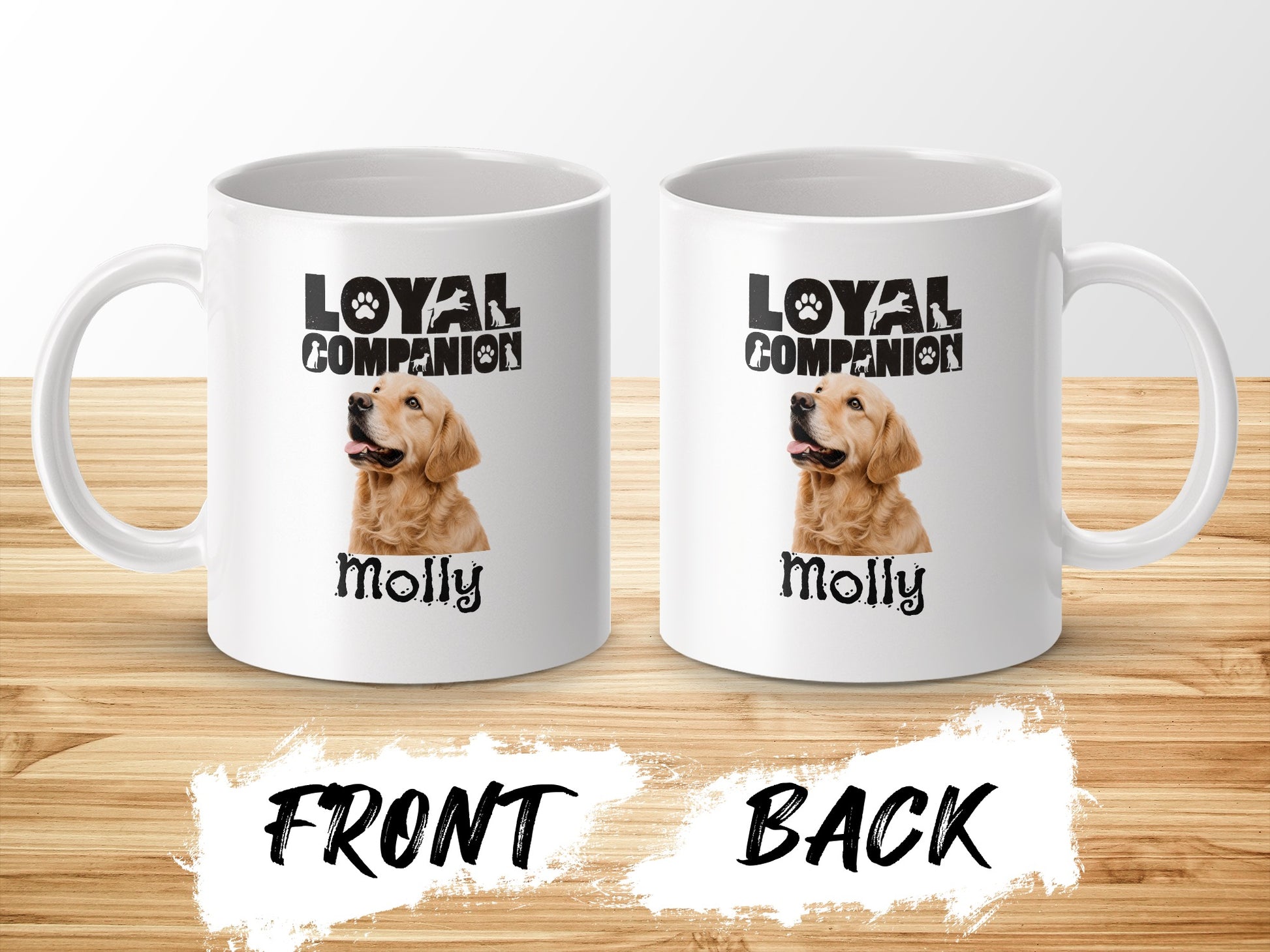 White mugs with golden retriever image, "Loyal Companion," and name "Molly."