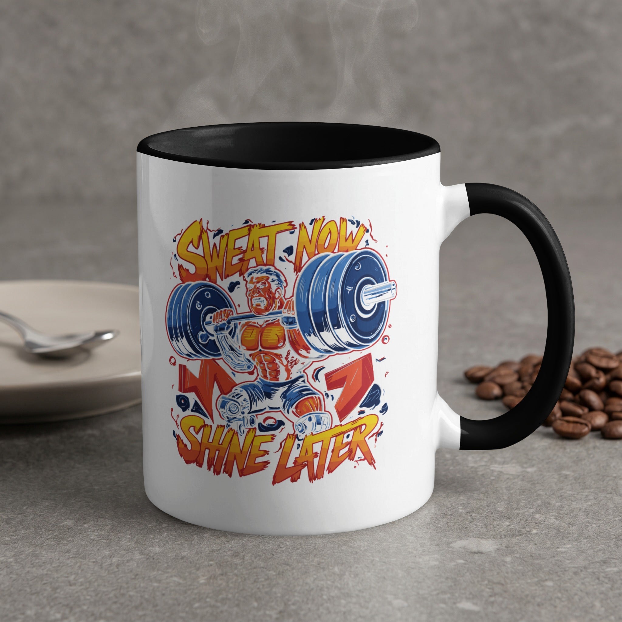 Mug with "Sweat Now, Shine Later" text and weightlifter graphic.