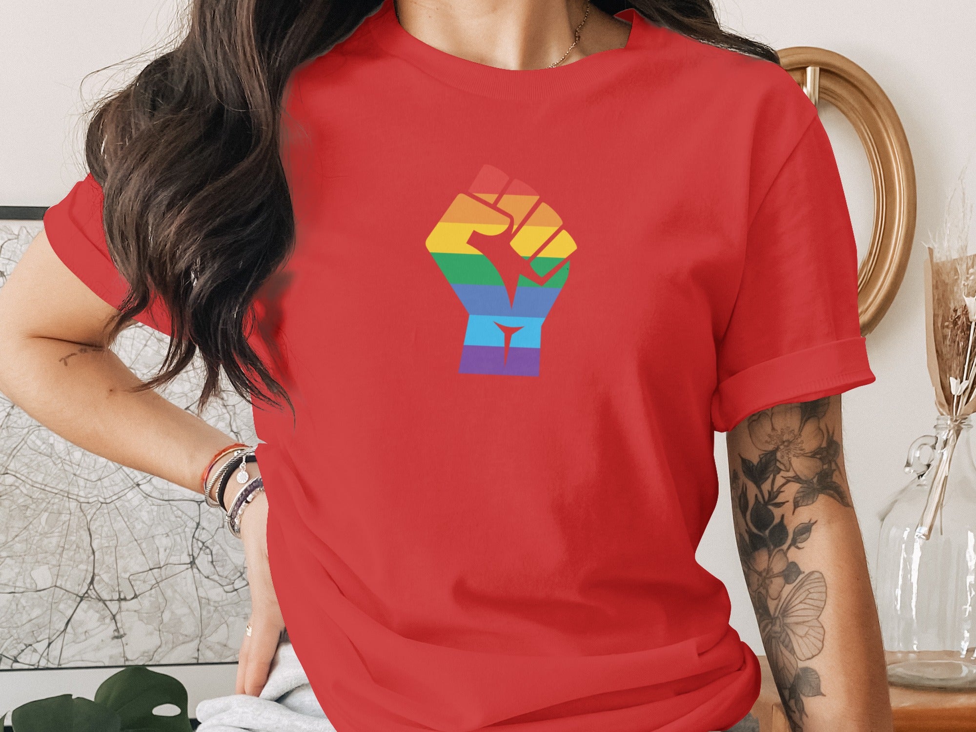 Red t-shirt with rainbow clenched fist graphic