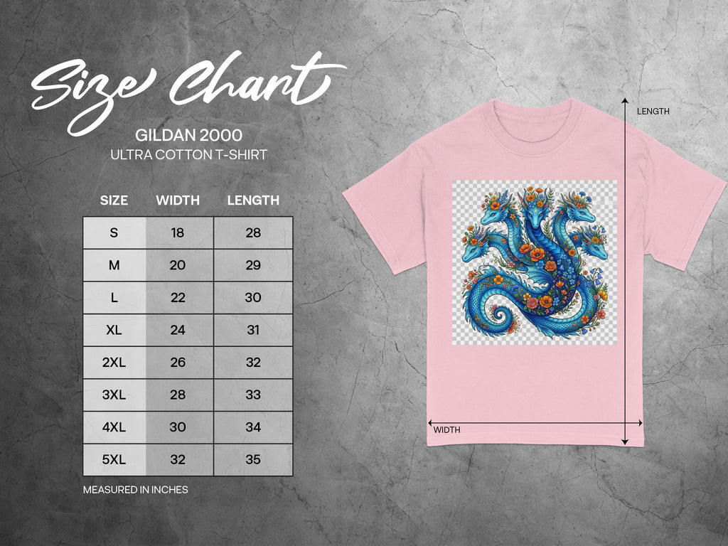 Gildan 2000 Ultra Cotton t-shirt size chart with blue hydra graphic.