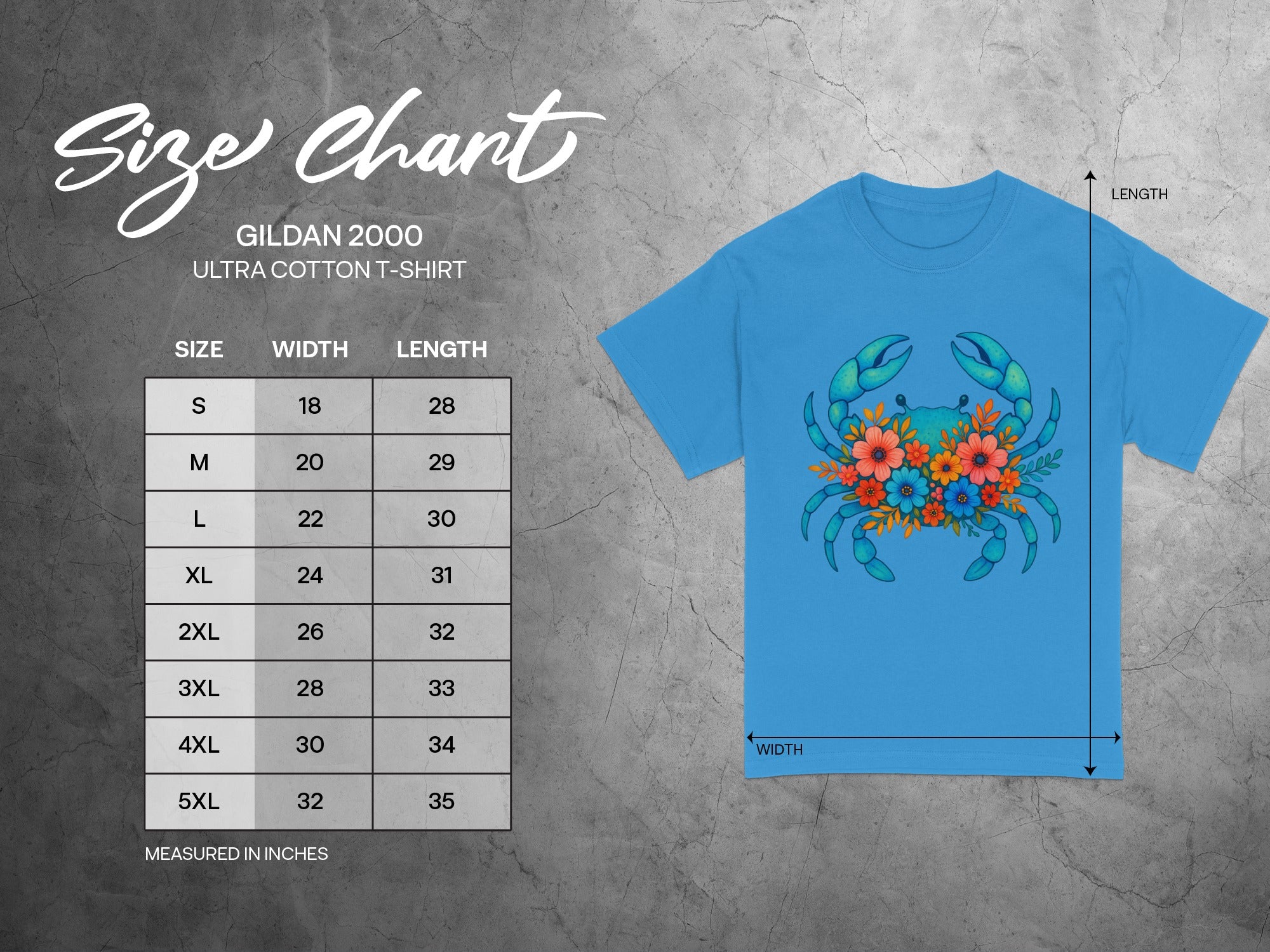Gildan 2000 t-shirt size chart with floral crab graphic, measured in inches.