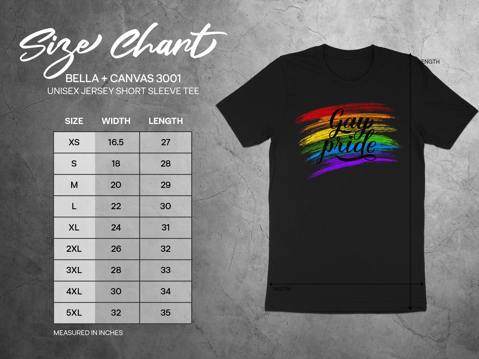 Bella + Canvas 3001 unisex size chart with measurements for width and length.