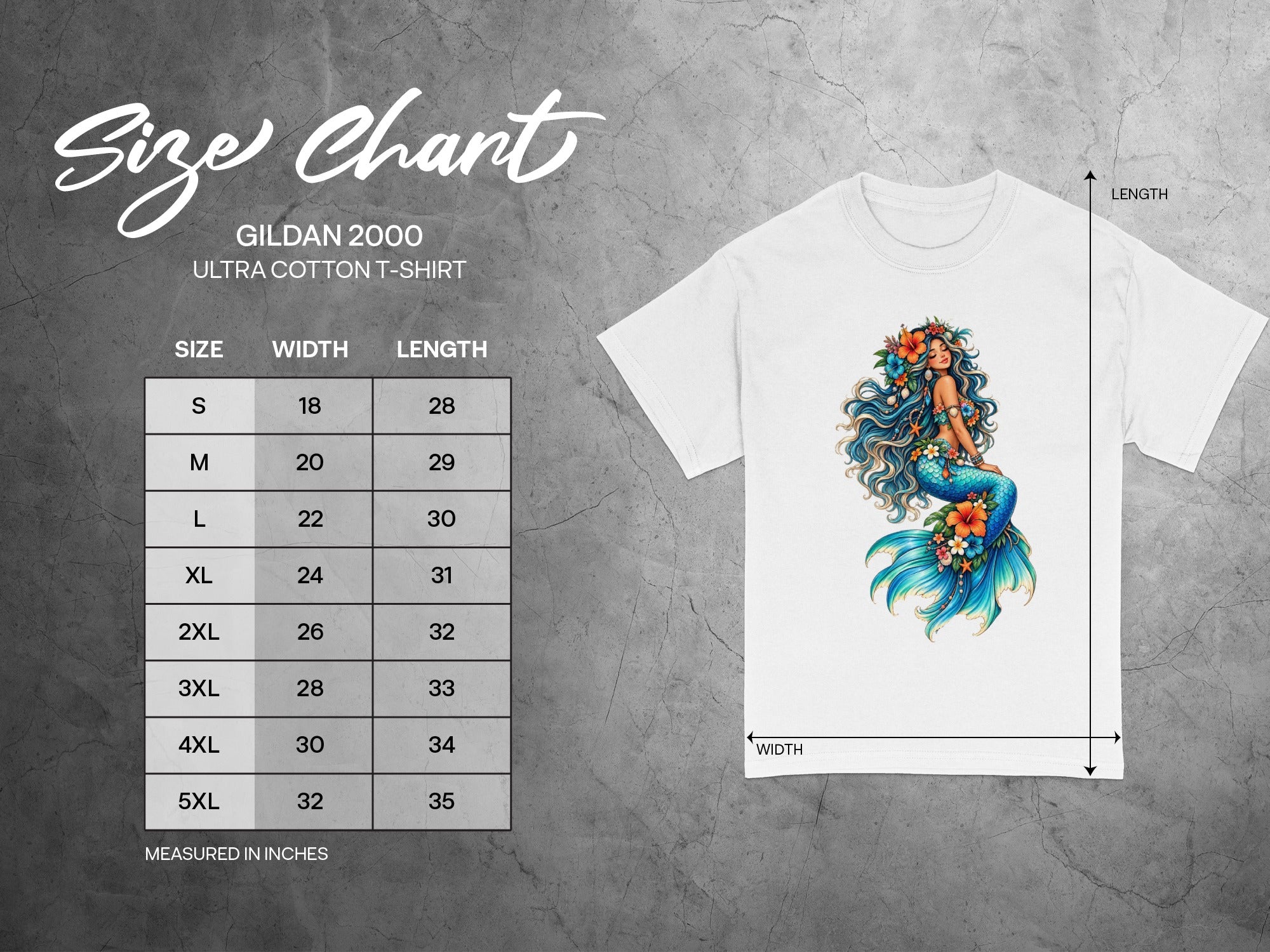 Gildan 2000 Ultra Cotton t-shirt size chart with measurements in inches.
