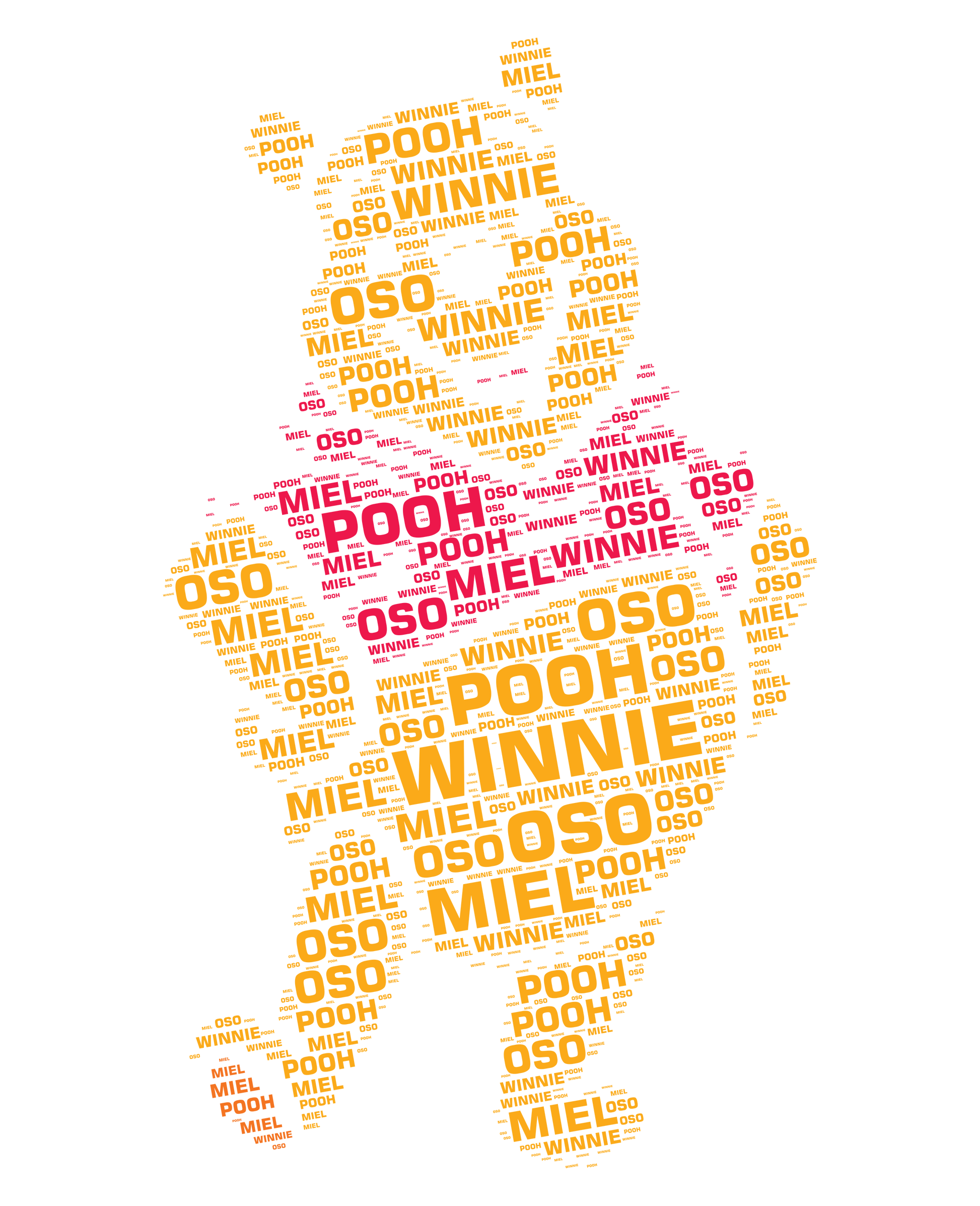 Winnie the Pooh word art in the shape of a bear holding a honey pot.