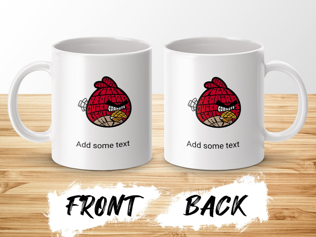 White mugs with red Angry Birds character and "Add some text" caption.