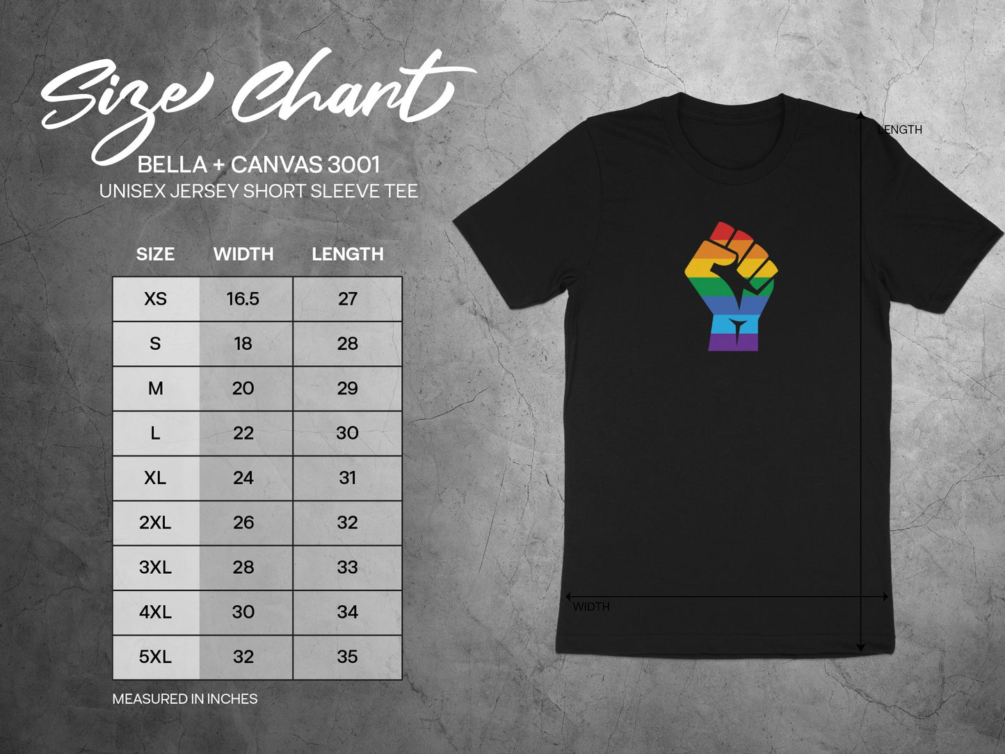 BELLA + CANVAS 3001 size chart shows unisex jersey short sleeve tee measurements in inches.