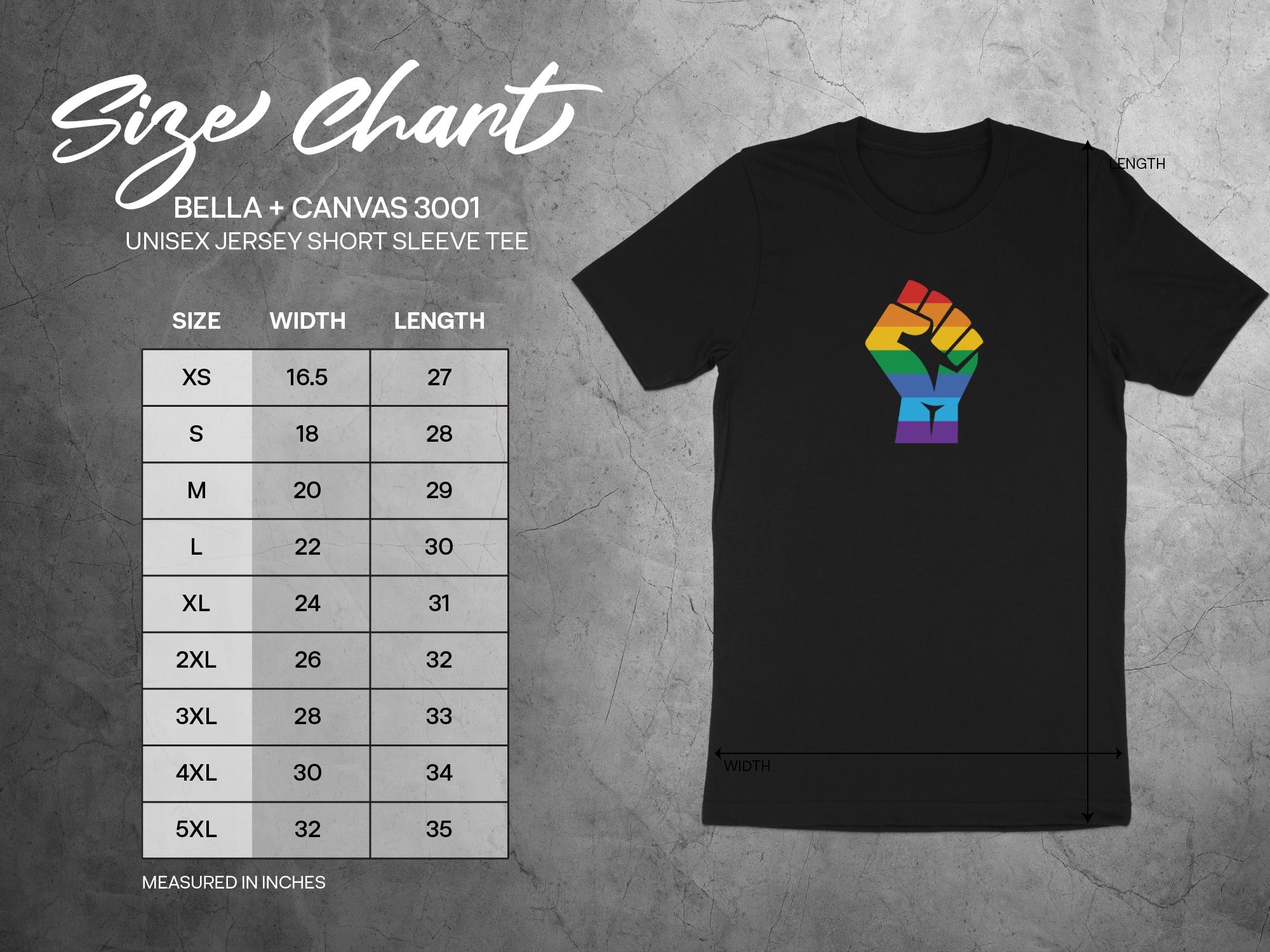 BELLA + CANVAS 3001 size chart shows unisex jersey short sleeve tee measurements in inches.