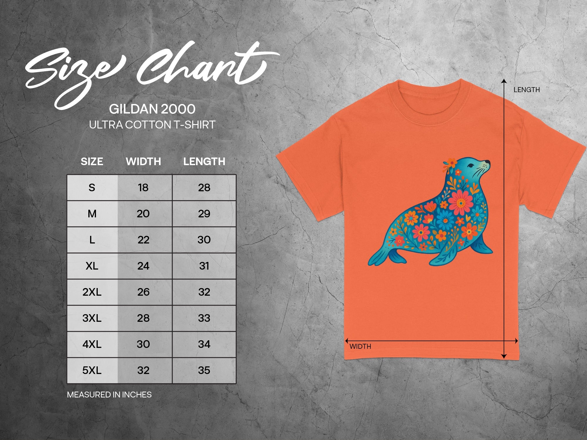 Gildan 2000 Ultra Cotton T-shirt size chart with measurements in inches.