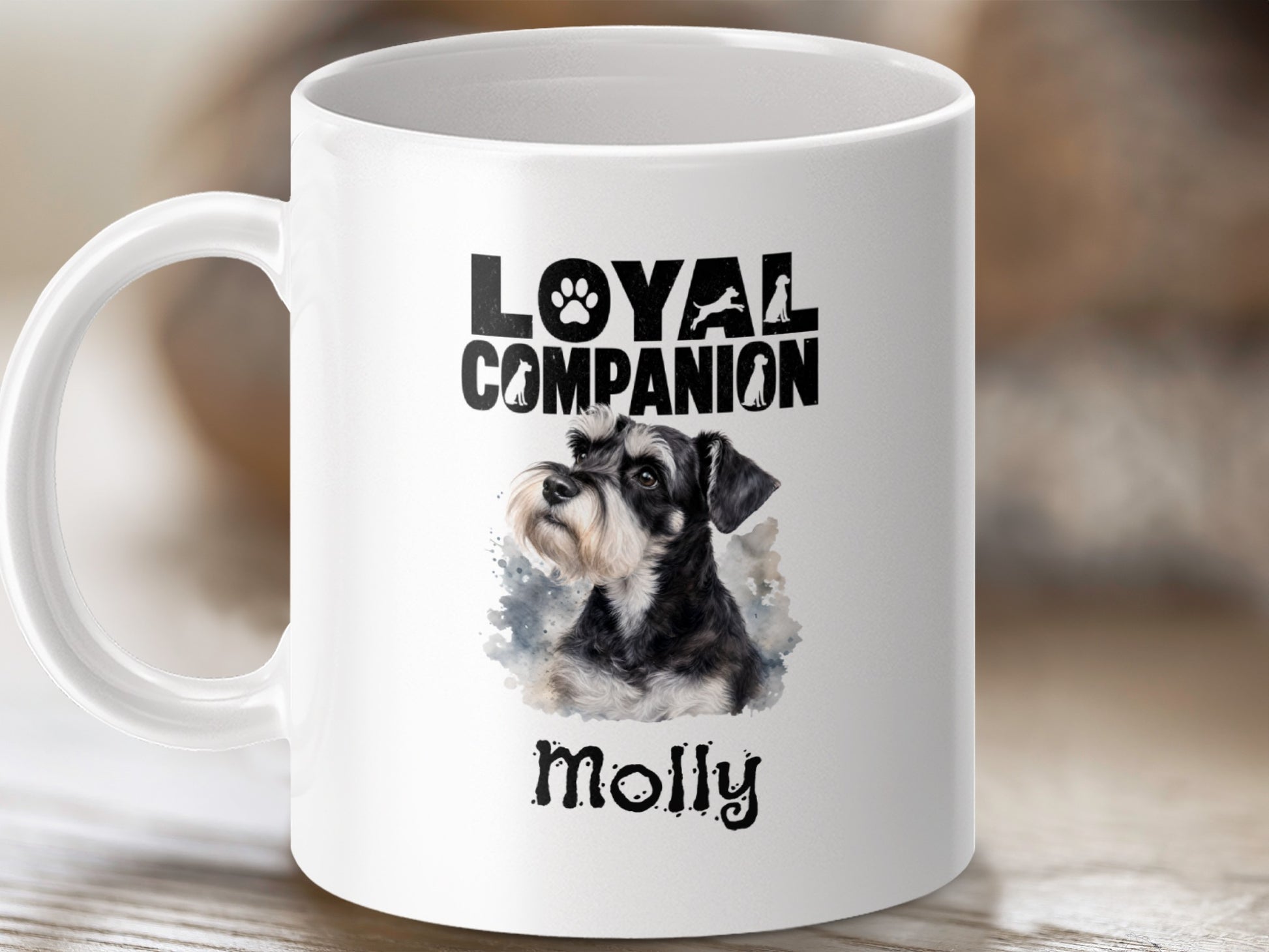 White mug with "Loyal Companion" text, a miniature schnauzer painting, and the name "Molly".