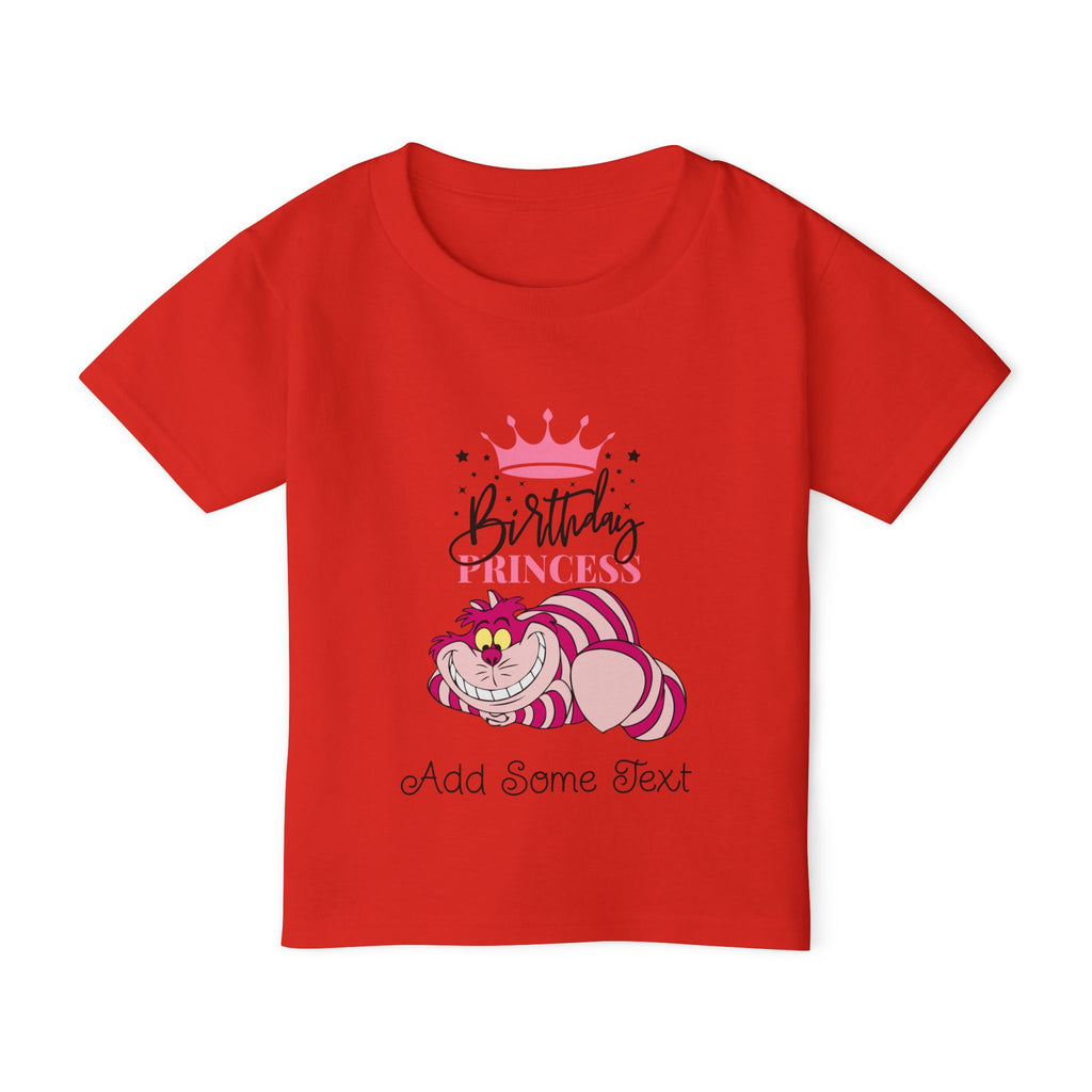 Red t-shirt with Cheshire Cat, crown, "Birthday Princess", and "Add Some Text".