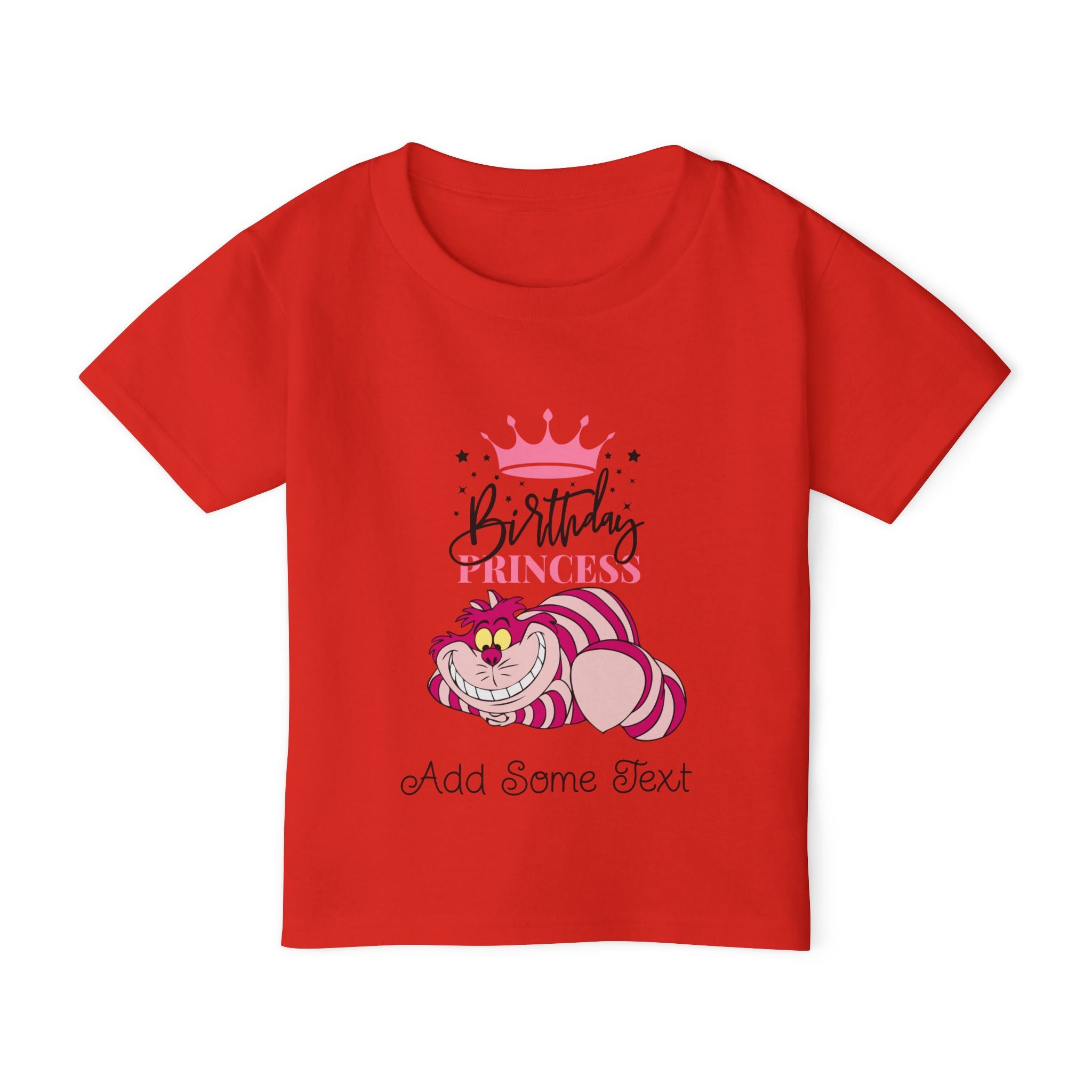 Red t-shirt with Cheshire Cat, crown, "Birthday Princess", and "Add Some Text".