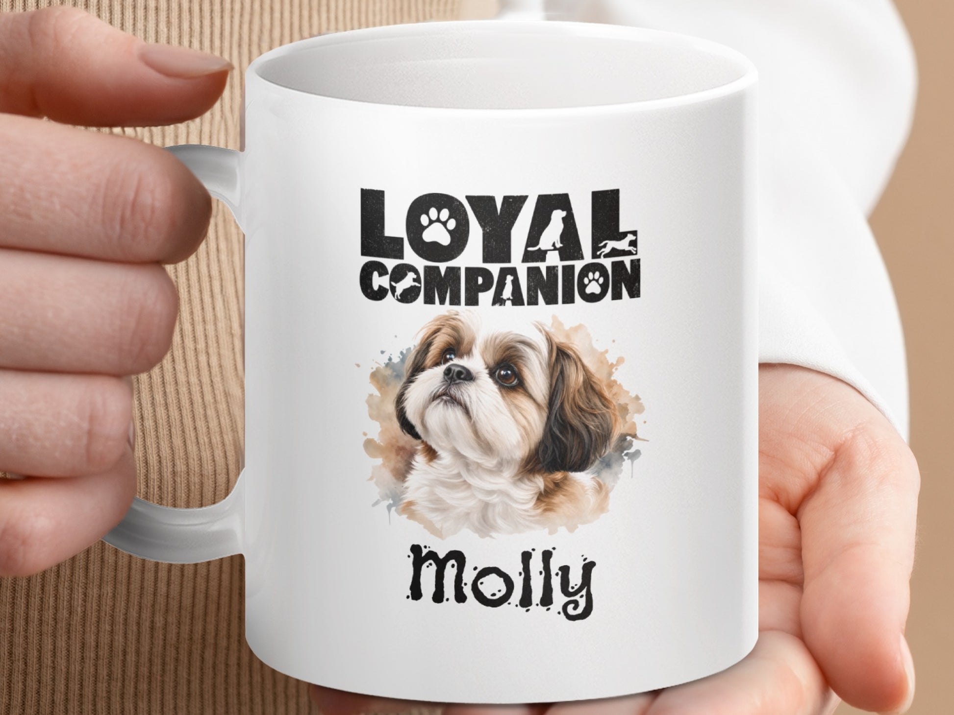 White mug with "Loyal Companion" text and a painting of a Shih Tzu named Molly.