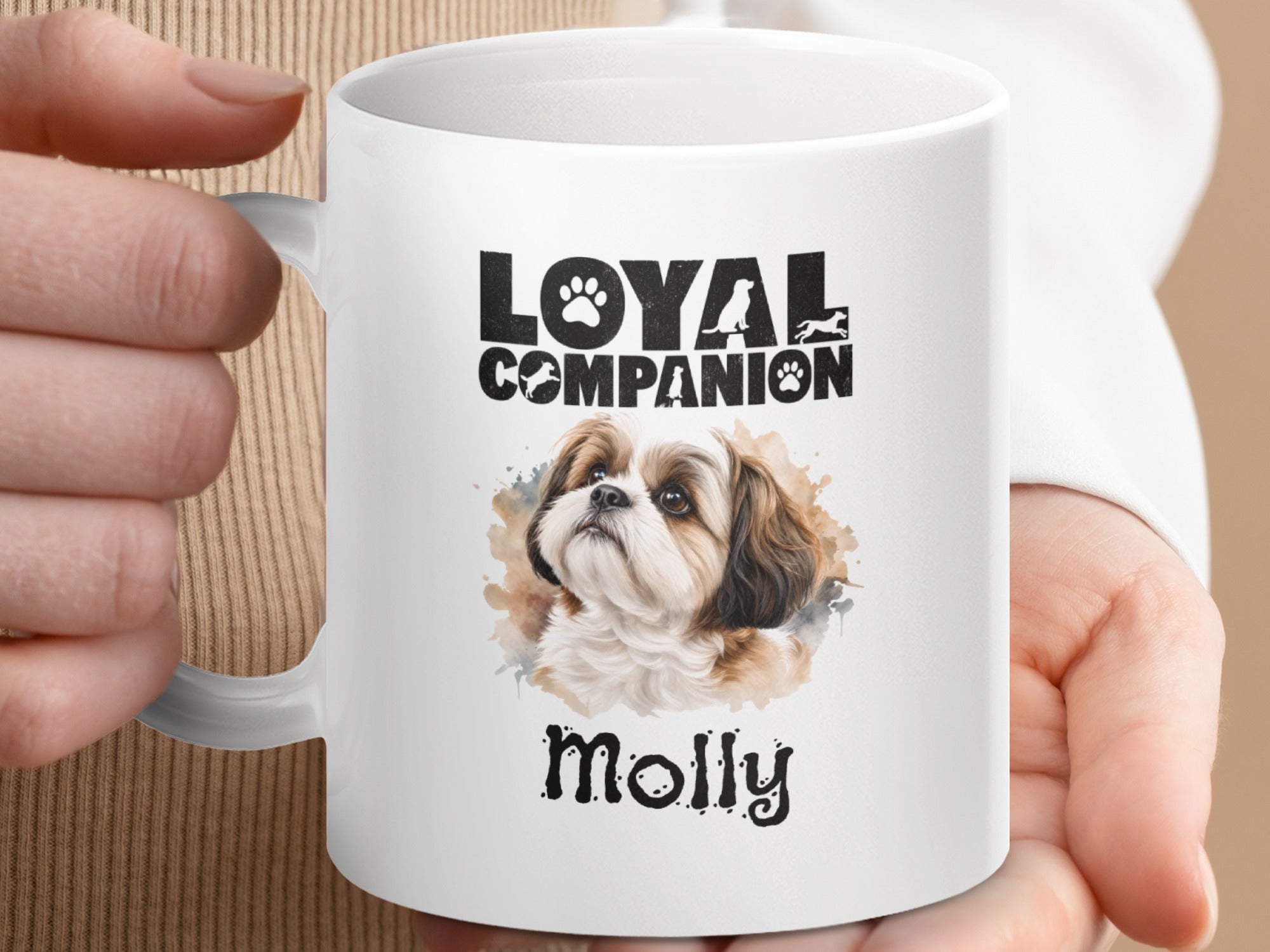 White mug with "Loyal Companion" text and a painting of a Shih Tzu named Molly.