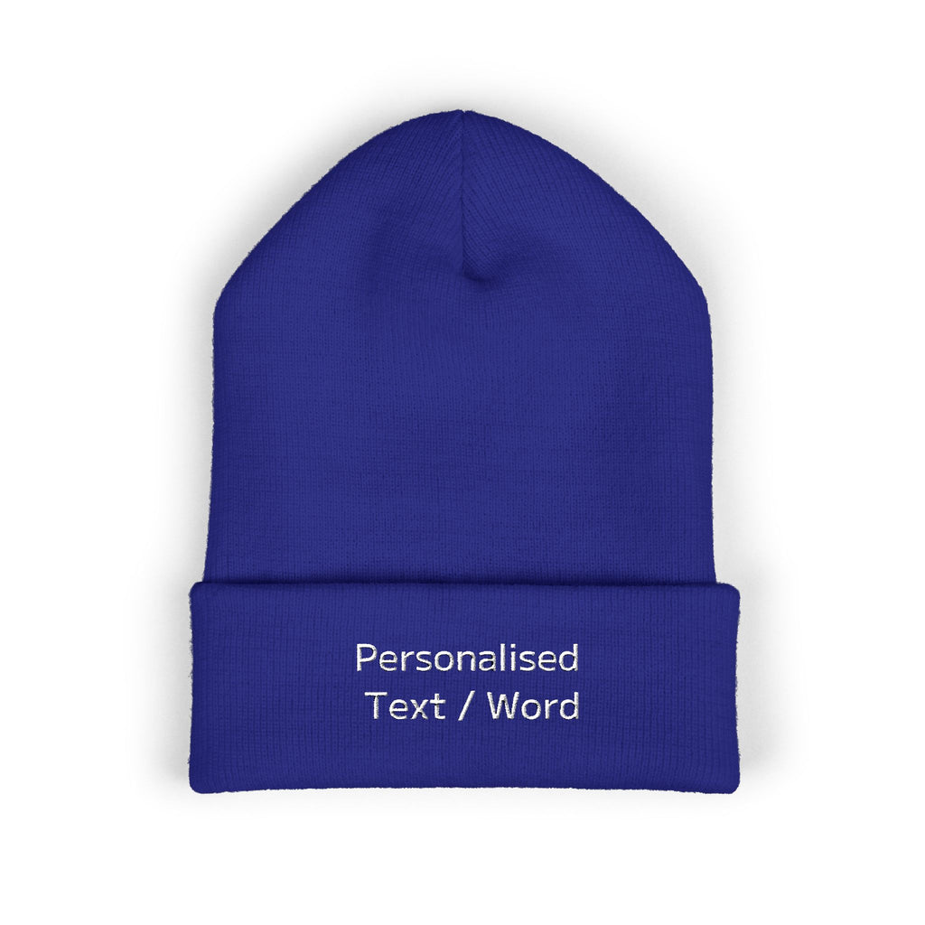 Personalized Text / Word on a blue knit beanie.