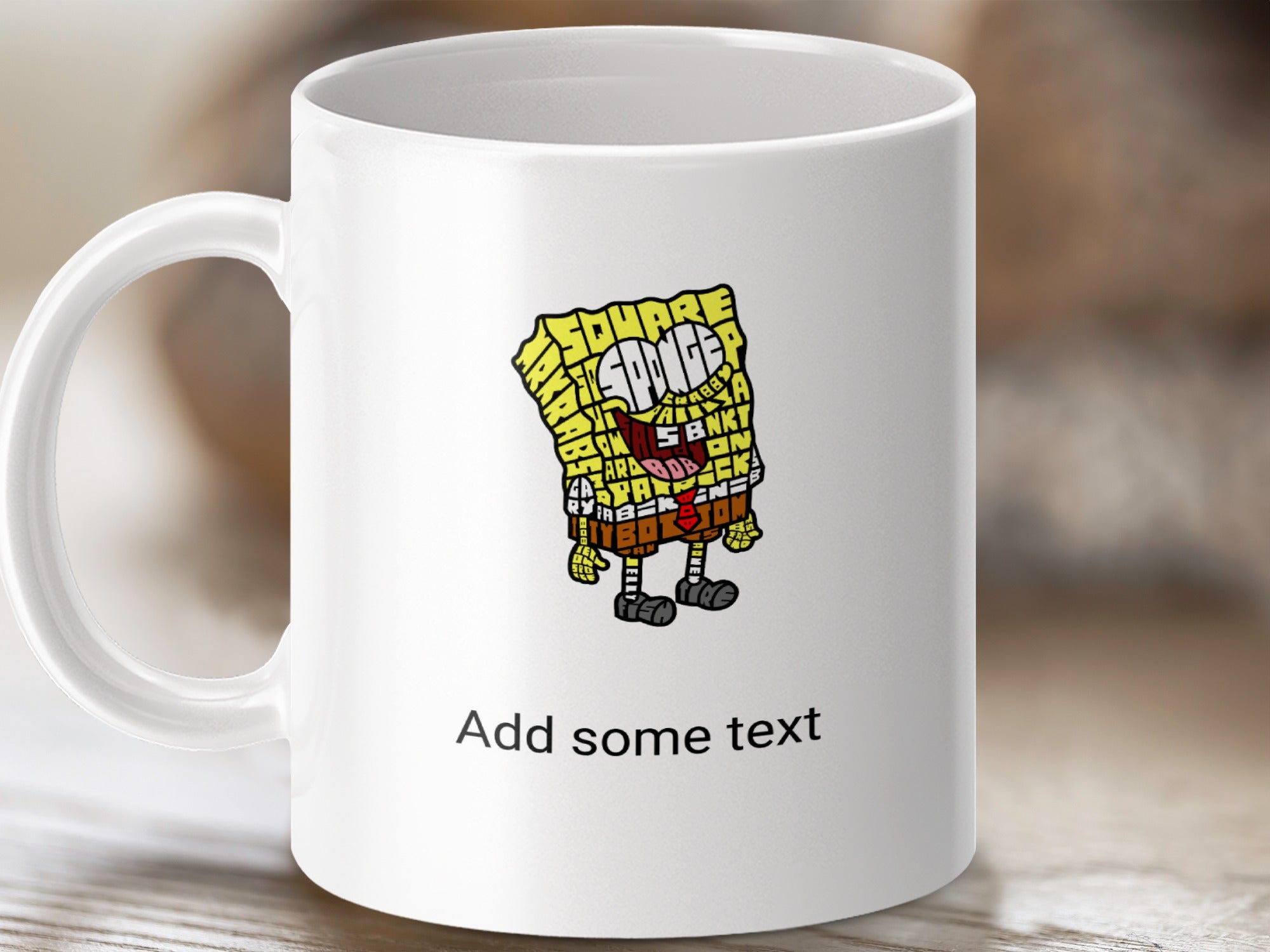 White mug with Spongebob Squarepants character made of text.