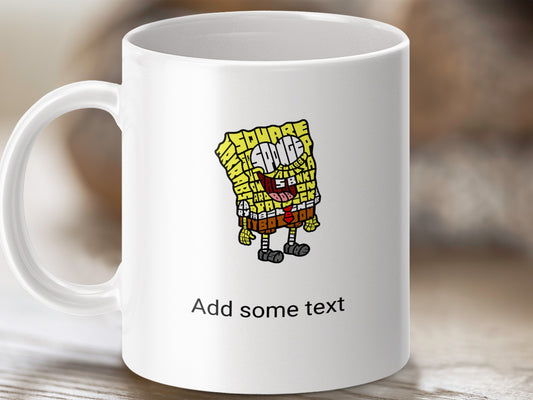 White mug with Spongebob Squarepants character made of text.