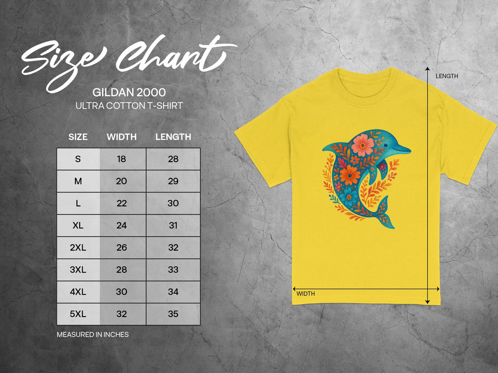 Gildan 2000 Ultra Cotton T-shirt size chart with width and length measurements.