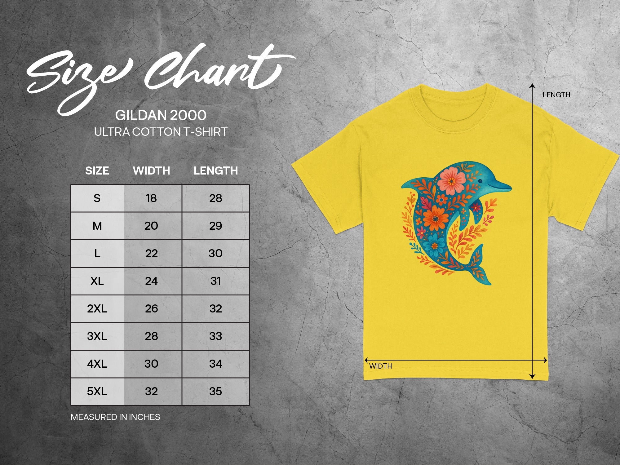 Gildan 2000 Ultra Cotton T-shirt size chart with width and length measurements.