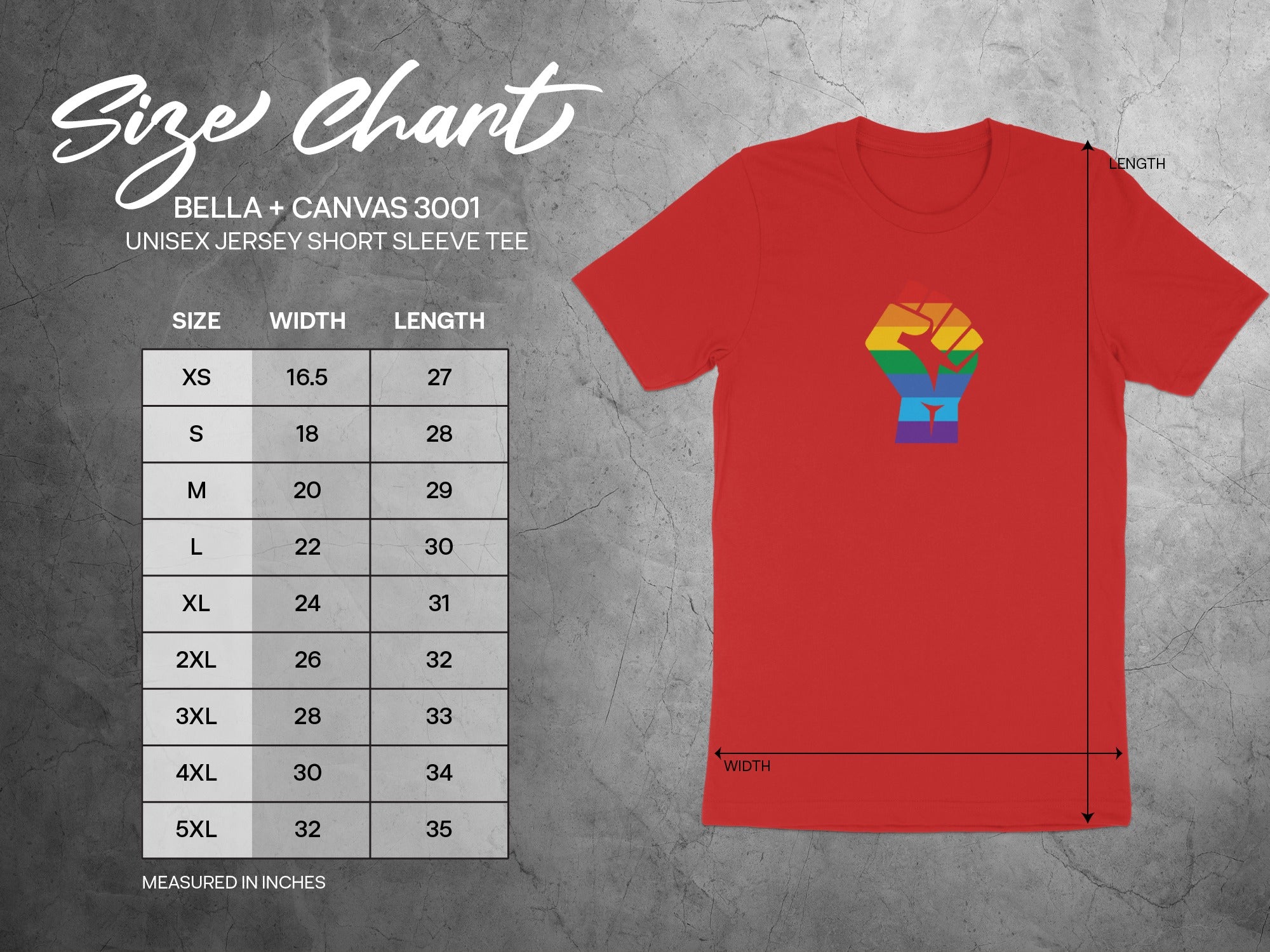 Size chart for BELLA + CANVAS 3001 unisex short sleeve tee with rainbow fist graphic.