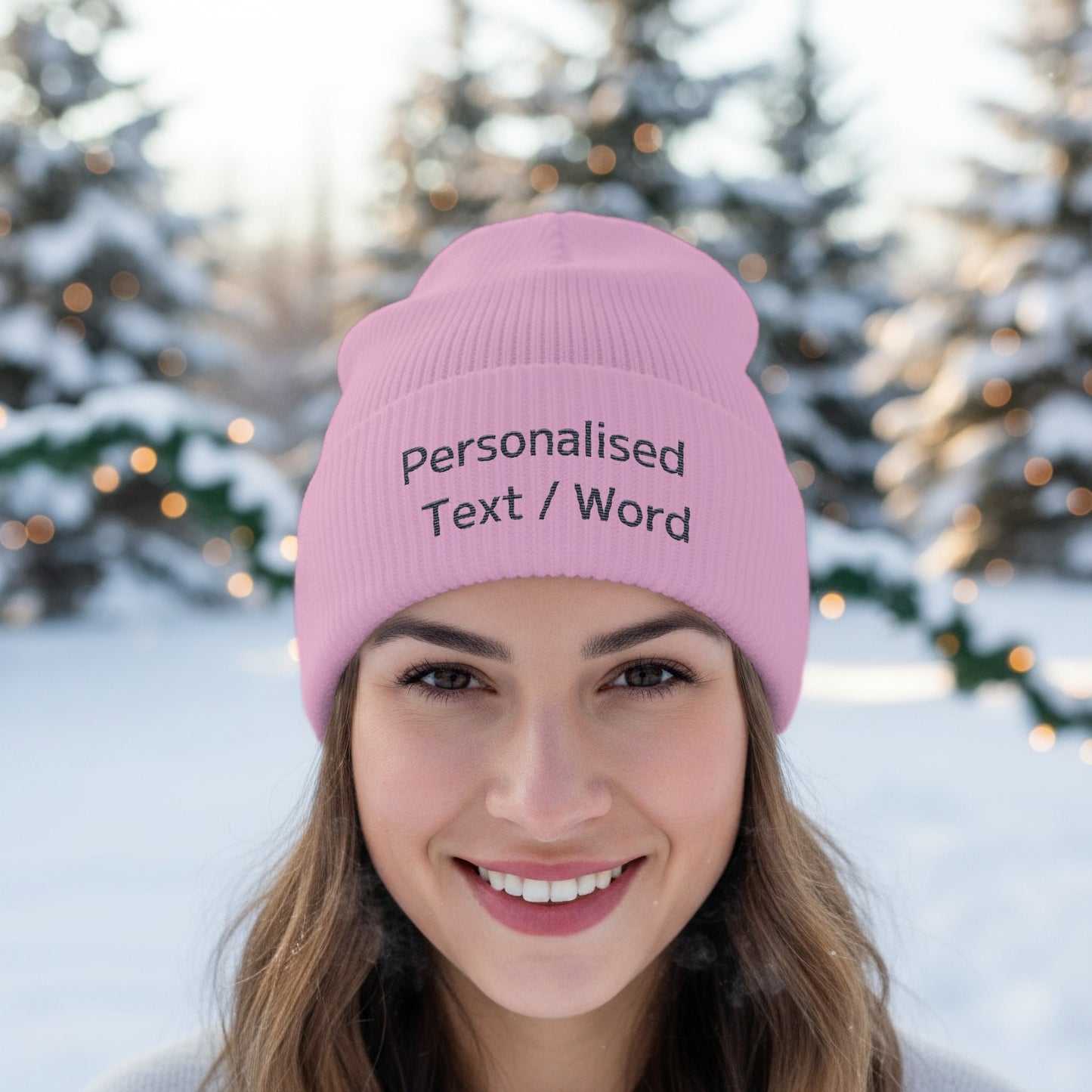 Pink beanie with "Personalised Text / Word" embroidered on the front.