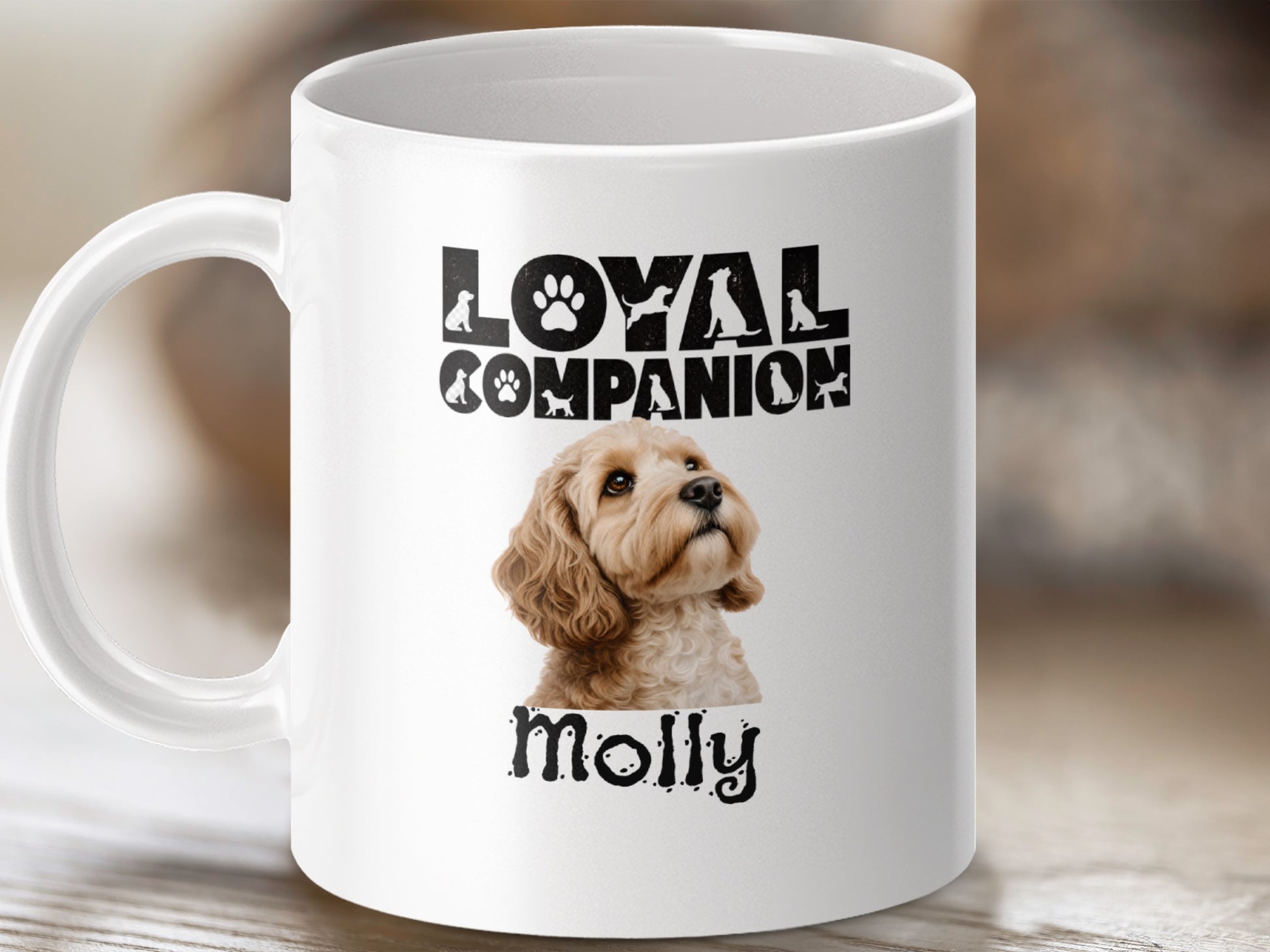 White mug with "Loyal Companion" text, dog silhouettes, a dog portrait, and "Molly".