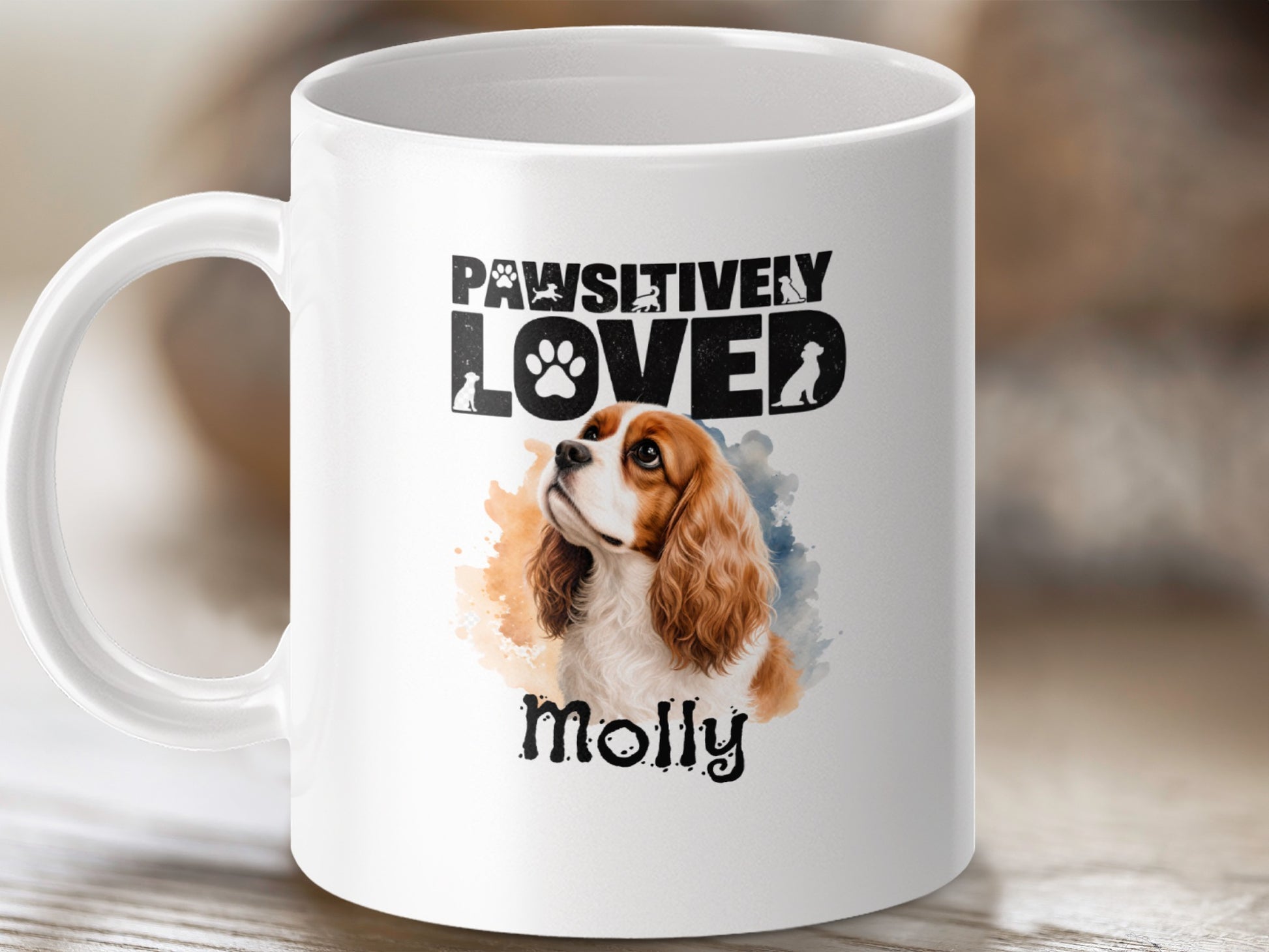 Mug with Cavalier King Charles Spaniel, "Pawsitively Loved Molly" text.