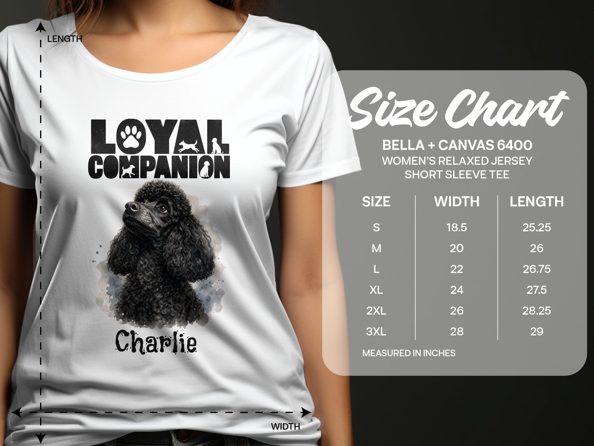 White t-shirt with black poodle graphic and "Loyal Companion" text, includes size chart.