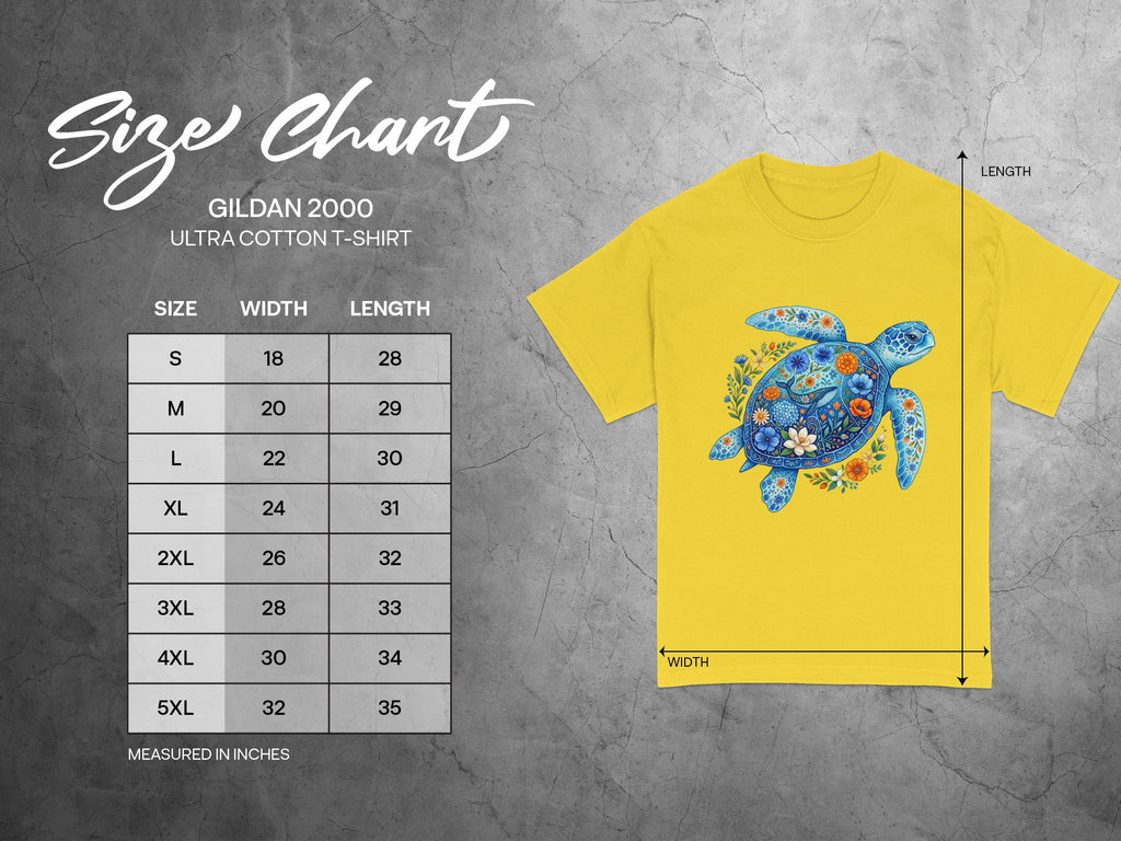 Gildan 2000 Ultra Cotton t-shirt size chart with measurements in inches.