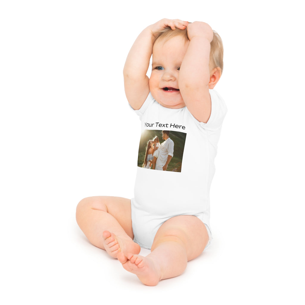White baby bodysuit with custom photo and "Your Text Here" graphic.