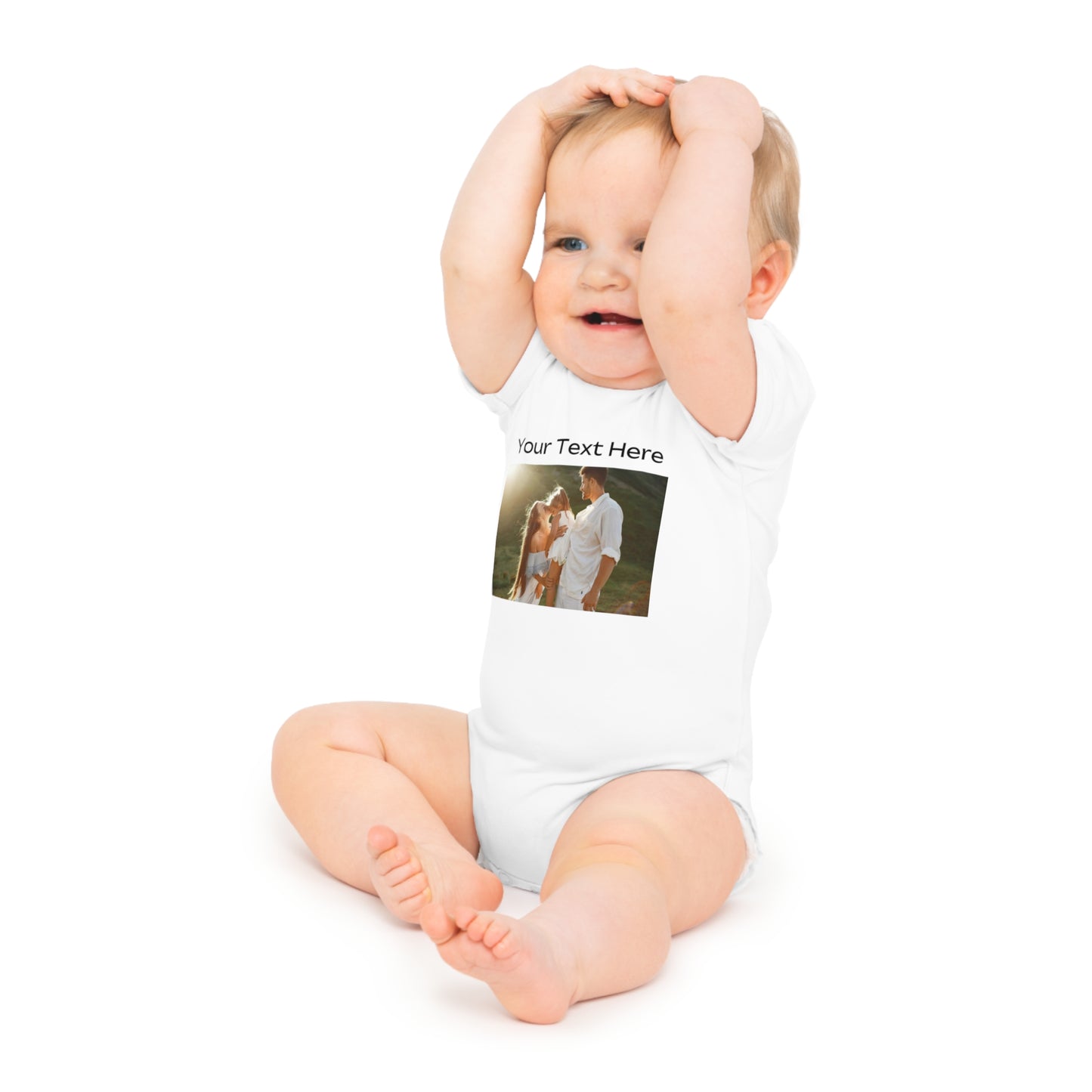White baby bodysuit with custom photo and "Your Text Here" graphic.