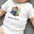 White baby onesie with Mario, Luigi, and Yoshi characters and "Babies Name" text.
