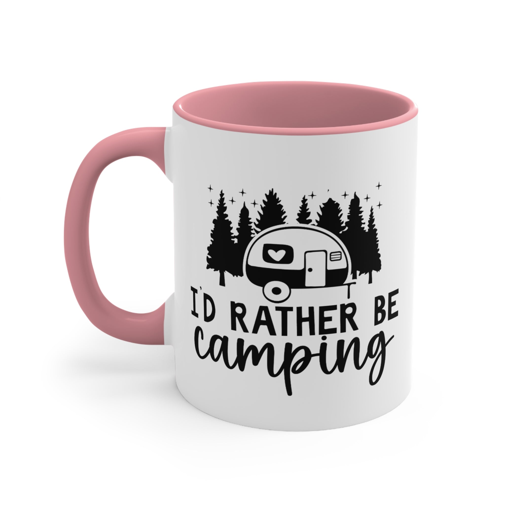 White mug with pink handle featuring trees, a camper, and "I'd Rather Be Camping."